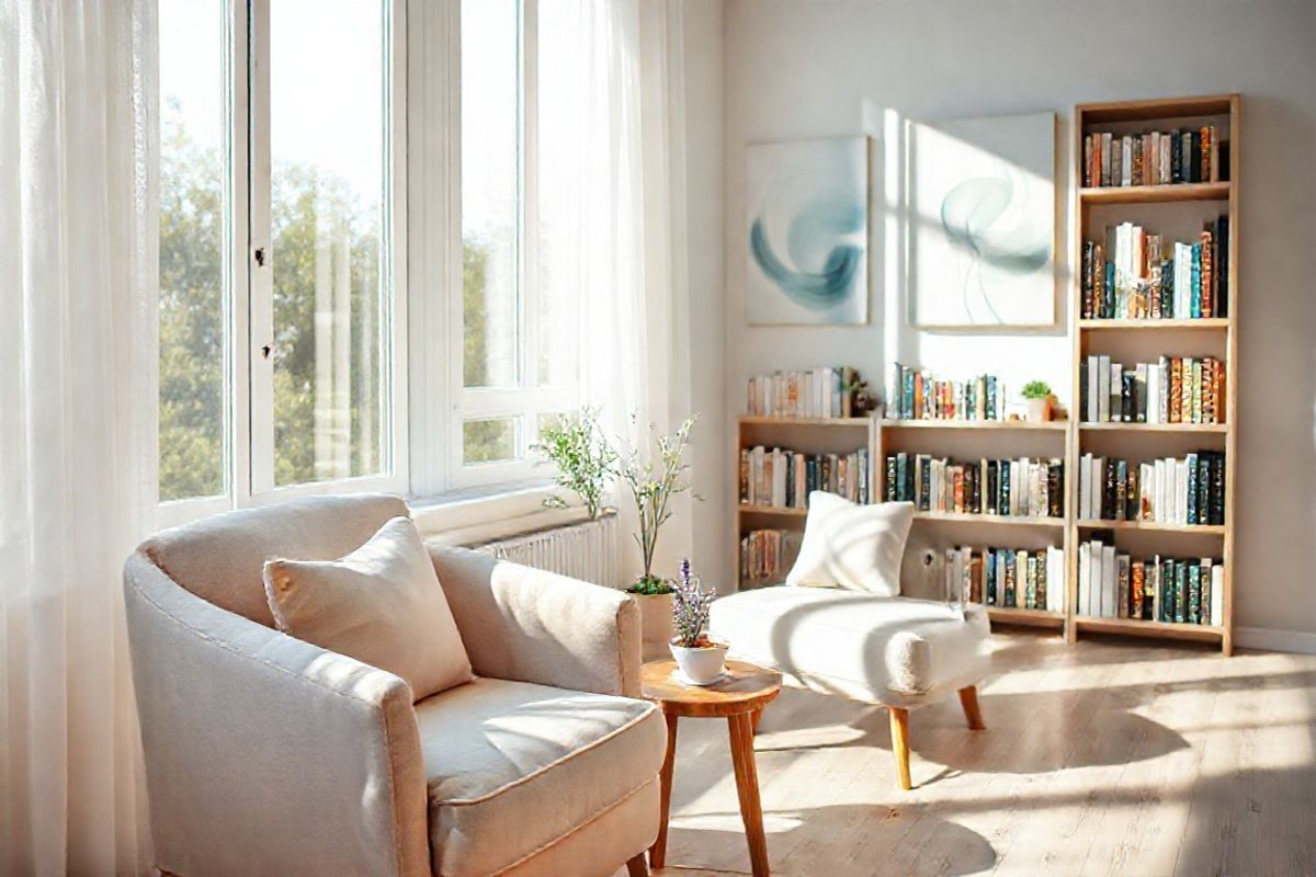 A serene indoor setting featuring a cozy, sunlit room that exudes tranquility and comfort. In the foreground, a plush armchair with soft, pastel-colored upholstery invites relaxation, adorned with a few neatly arranged cushions. To the side, a small wooden side table holds a steaming cup of herbal tea, surrounded by a few delicate sprigs of lavender and a small potted plant, symbolizing the importance of a calm environment for asthma management.   Natural light streams in through large windows with sheer curtains, casting gentle shadows on the light wooden floor. In the background, a well-organized bookshelf displays an array of health and wellness books, emphasizing the theme of knowledge and care.   On the wall, a subtle, abstract painting depicting soft, flowing shapes in soothing blue and green tones adds an artistic touch, enhancing the room’s peaceful ambiance. The entire scene conveys a sense of safety and comfort, reflecting the importance of a nurturing space for individuals managing asthma, promoting an atmosphere of well-being and mindfulness.