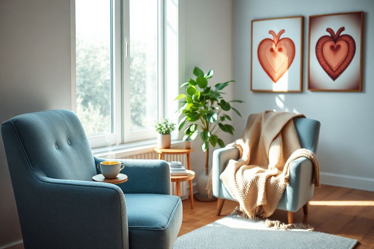 A photorealistic decorative image features a serene, softly lit scene of a cozy living room. In the foreground, a plush armchair upholstered in a calming shade of blue is positioned beside a small wooden side table. A steaming cup of herbal tea rests atop the table, surrounded by a few open medical books that discuss heart health and wellness. To the side, a large window allows natural light to flood the room, illuminating a lush green plant that adds a touch of vitality. The walls are adorned with soothing artwork depicting abstract heart patterns, promoting a sense of tranquility and health. A warm, woven throw blanket drapes over the armchair, inviting relaxation. In the background, a soft rug lies on the wooden floor, enhancing the cozy atmosphere. The overall color palette blends soft blues, greens, and warm neutrals, creating a peaceful environment that encourages reflection and self-care. This image encapsulates the theme of heart health and wellness, making it a perfect visual companion for discussions about atrial tachycardia and lifestyle management.