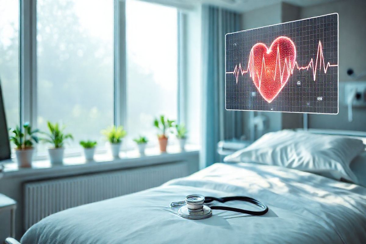 A serene and calming photorealistic image depicts a tranquil scene in a modern healthcare setting. In the foreground, a heart monitor displays a steady heartbeat line, symbolizing stability and health. The background features a softly lit hospital room with large windows allowing natural light to flood in, illuminating fresh potted plants on a windowsill, representing vitality and growth. A comfortable patient bed with crisp white linens is neatly arranged, and a stethoscope lies gently on a bedside table, indicating readiness for care. Subtle medical equipment is visible, blending seamlessly into the environment, enhancing the sense of professionalism and care. The color palette consists of soft blues and greens, evoking a sense of peace and reassurance. In one corner, a digital display shows an abstract representation of the heart’s electrical signals, visually linking to the topic of atrial tachycardia without any text. Overall, the image conveys a sense of hope, calm, and advanced medical care, making it an ideal visual accompaniment to the discussion of atrial tachycardia and its management.