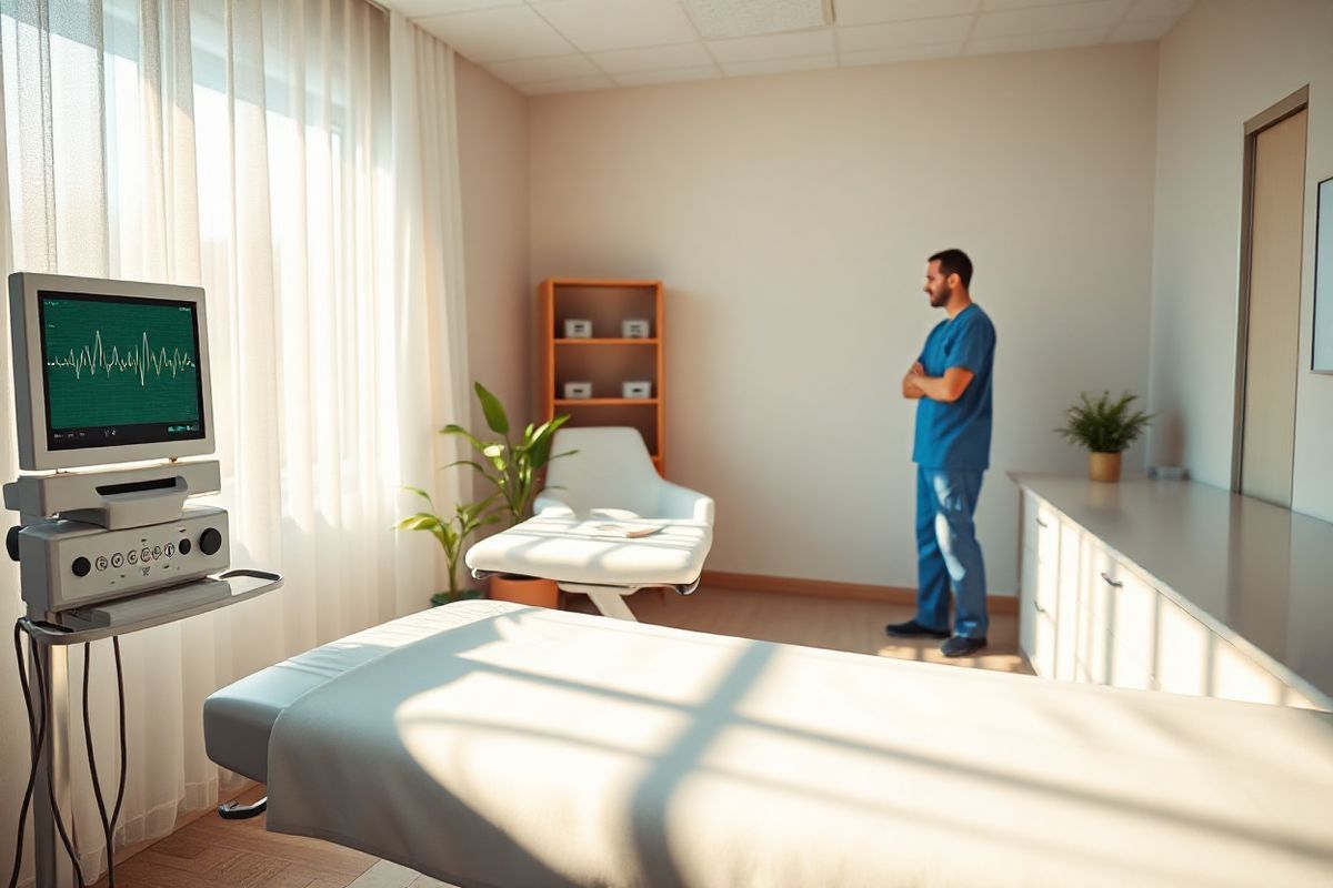 A photorealistic image depicting a serene and tranquil scene of a modern medical examination room, bathed in soft, warm lighting. The room features sleek, contemporary furniture, including a comfortable examination table covered with a crisp white sheet, and a large window allowing natural light to filter in through sheer curtains. On one side of the room, a high-tech electrocardiogram (ECG) machine displays a steady heartbeat line, symbolizing heart health. The walls are adorned with soft pastel colors that evoke a sense of calm, and a small potted plant adds a touch of greenery, enhancing the room’s inviting atmosphere. In the background, a medical professional, dressed in scrubs, is seen attentively engaging with a patient, emphasizing the compassionate care provided for conditions like AVNRT. The overall composition conveys a sense of hope, healing, and professionalism, making it an ideal representation of a space dedicated to understanding and managing heart health.