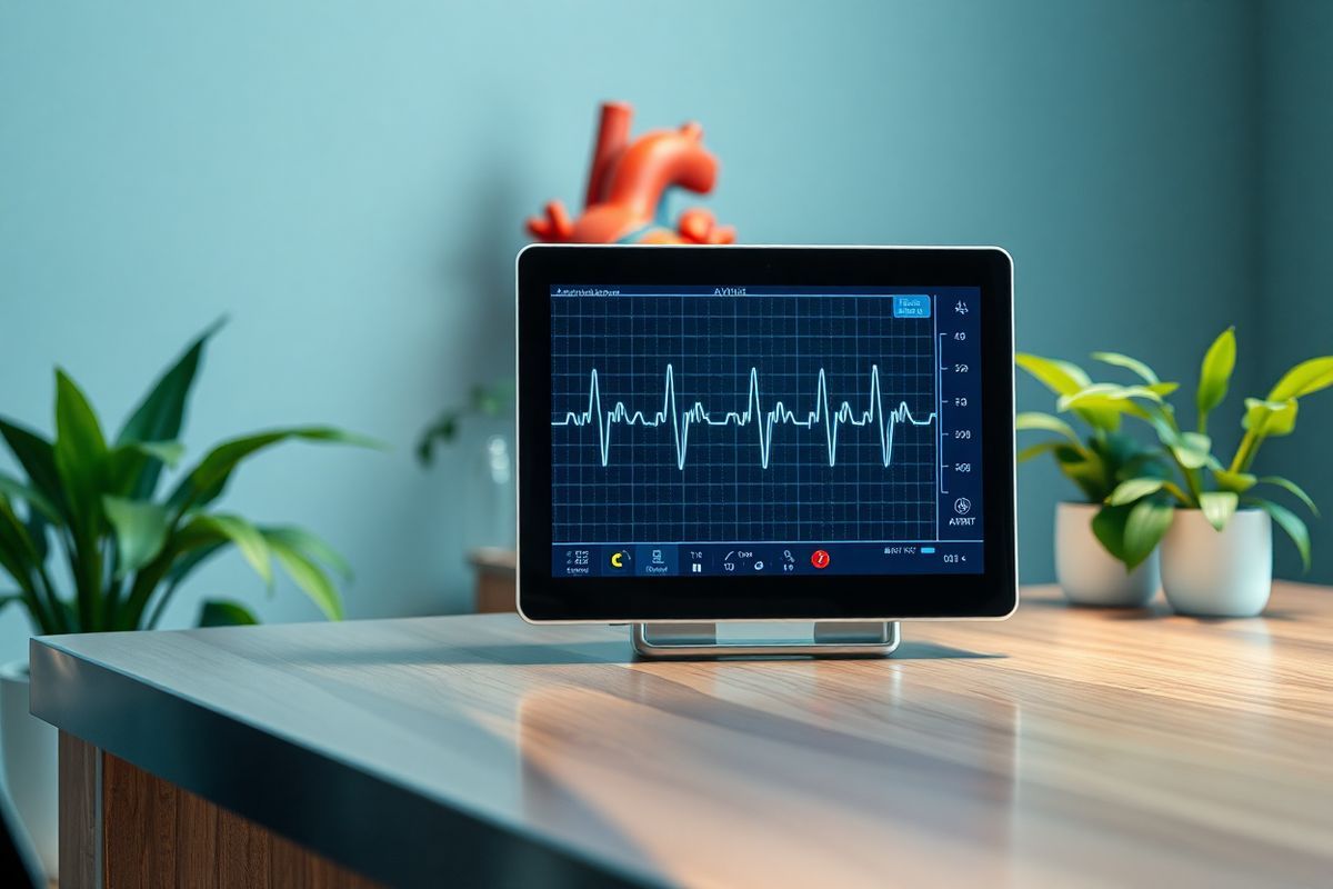 A photorealistic image depicting a serene and calming medical environment focused on heart health. In the foreground, a modern electrocardiogram monitor with a clear display of heart rhythm patterns sits on a sleek, stainless steel table. Surrounding the monitor are soft, ambient lights that cast a gentle glow, creating a tranquil atmosphere. In the background, an anatomically accurate model of the human heart is showcased, displaying the intricate details of the chambers and electrical pathways, including the sinoatrial (SA) node and the atrioventricular (AV) node. The heart model is positioned on a polished wooden surface, emphasizing its significance in understanding conditions like AVNRT. Soft green plants are placed strategically around the space, symbolizing health and vitality. The overall color palette consists of soothing blues and greens, with hints of warm light, conveying a sense of care and professionalism. The image captures a moment of reflection and education, inviting viewers to appreciate the complexity of heart function and the importance of maintaining cardiovascular health.