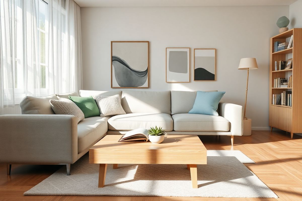 A serene and inviting scene unfolds in a softly lit, modern living room, designed to evoke a sense of calm and tranquility. The focal point is a plush, neutral-toned sofa adorned with a few textured throw pillows in soft blues and greens, reflecting a soothing color palette. A sleek coffee table made of light wood rests in front, topped with a small succulent plant in a minimalist ceramic pot and a cozy, open book, suggesting a moment of relaxation.  Natural light pours through large windows dressed with sheer white curtains, casting gentle shadows that dance across the polished hardwood floor. In the background, a tasteful gallery wall displays abstract art pieces in muted colors, adding a touch of creativity without overwhelming the space. A soft area rug, featuring a subtle geometric pattern, anchors the seating area, inviting one to sit and unwind.  On one side, a tall bookshelf filled with neatly arranged books and a few personal mementos provides a glimpse into a life well-lived, while a delicate floor lamp emits a warm glow, enhancing the cozy atmosphere. This image embodies the essence of comfort and peace, perfect for conveying the supportive environment essential for managing treatment and well-being.