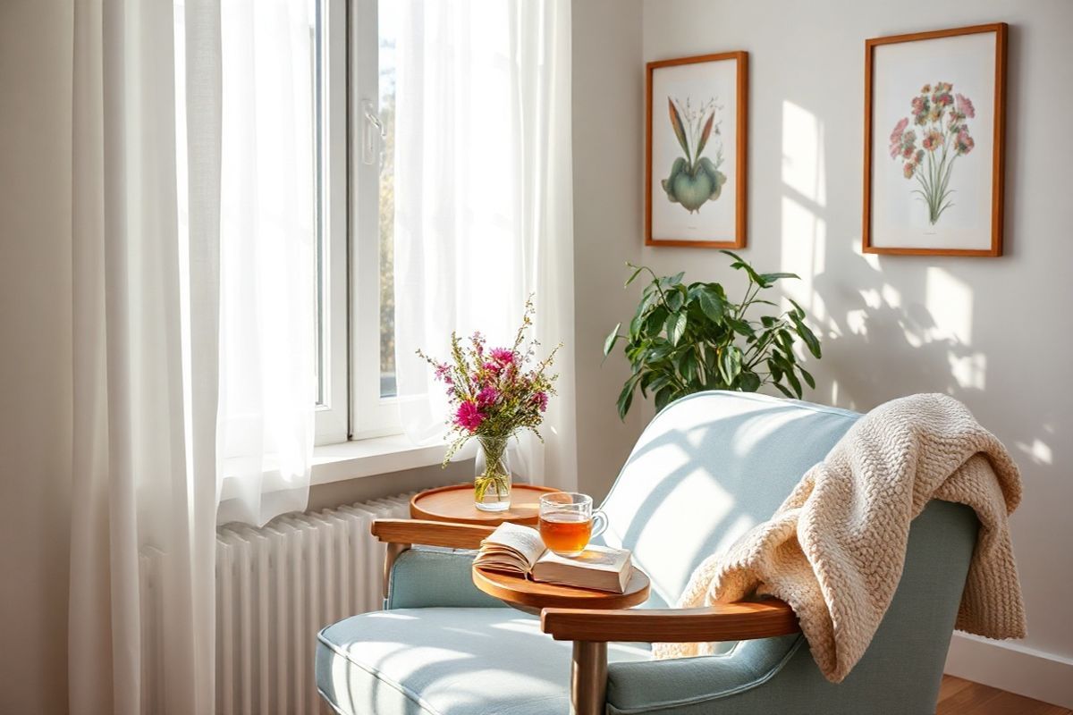 A serene and inviting indoor setting featuring a cozy reading nook by a large window. Sunlight streams through sheer white curtains, casting soft shadows on a plush armchair upholstered in a calming light blue fabric. A small wooden side table holds a steaming cup of herbal tea, a well-loved book, and a delicate vase filled with fresh, vibrant wildflowers. The walls are painted in soothing pastel tones, adorned with framed botanical prints that evoke a sense of tranquility. In the background, a lush green plant sits in a terracotta pot, adding a touch of nature to the space. A soft, textured throw blanket drapes over the armrest of the chair, inviting relaxation. The overall atmosphere is warm and comforting, creating a perfect environment for reflection and peace, symbolizing the journey towards mental well-being and the relief that Auvelity aims to provide for those struggling with Major Depressive Disorder.