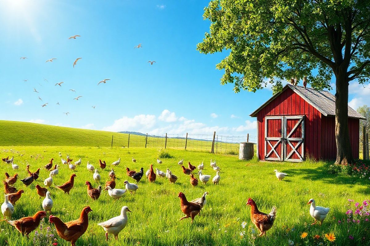 A serene scene depicting a lush, green poultry farm under a bright blue sky. In the foreground, a variety of healthy chickens and ducks roam freely, pecking at the ground amidst patches of vibrant grass and colorful wildflowers. Nearby, a small wooden barn with a weathered red exterior stands, partially shaded by an overhanging tree, emphasizing a rustic charm. The background features a gentle, rolling landscape dotted with wild birds in flight, symbolizing the connection between avian species and their natural habitat. Soft sunlight filters through the leaves, casting dappled shadows on the ground, while a few birds perch on the barn roof, adding life to the tranquil setting. A distant fence line, made of wooden posts and wire, encloses the area, suggesting an environment that is both inviting and safe. The overall atmosphere conveys a sense of harmony between nature and livestock, highlighting the importance of biosecurity and healthy ecosystems in preventing zoonotic diseases like avian tuberculosis.