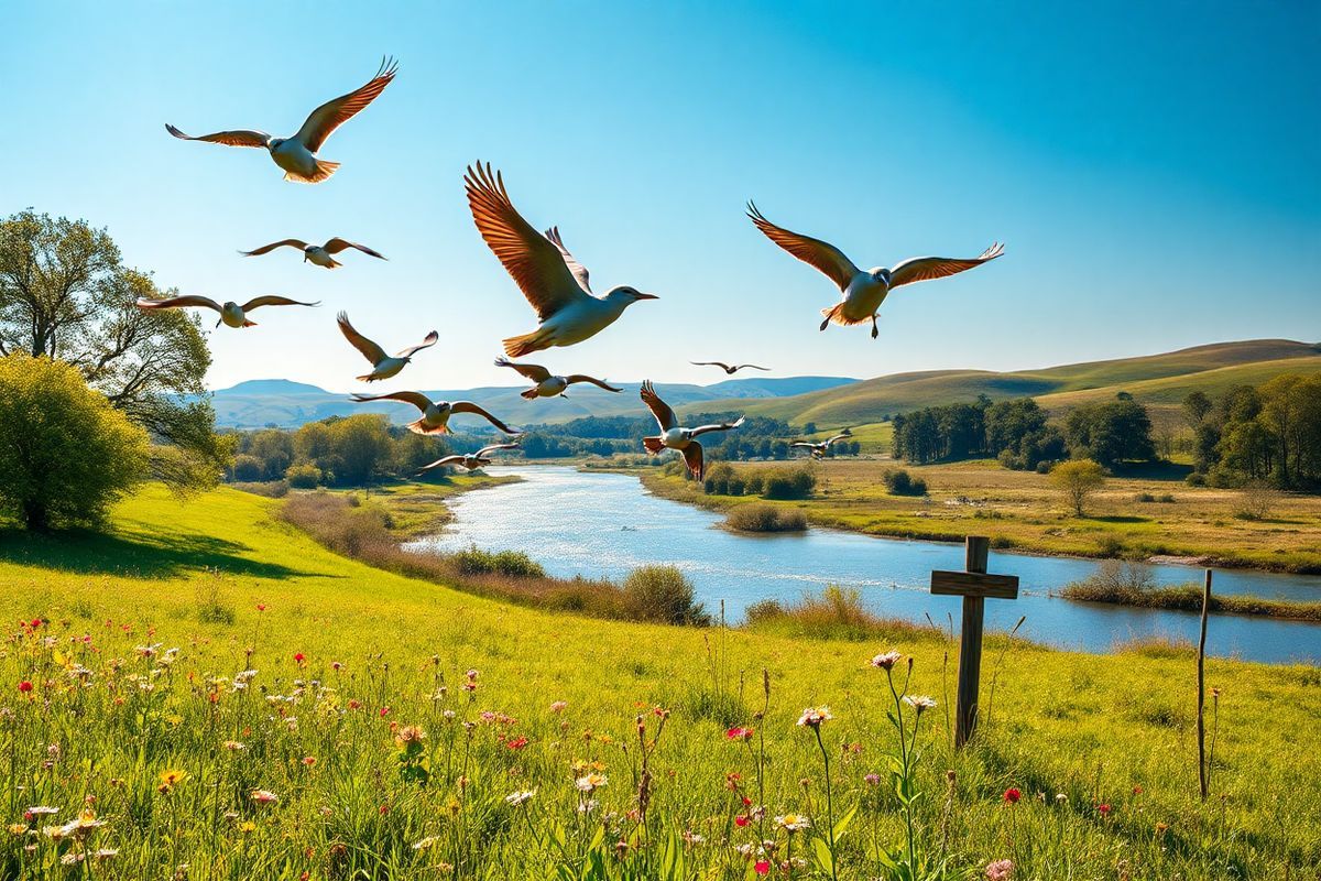 A photorealistic image depicting a serene and tranquil landscape, showcasing a lush green field dotted with colorful wildflowers under a bright blue sky. In the foreground, a majestic, healthy-looking flock of wild birds takes flight, their wings gracefully spread, symbolizing the connection between avian species and nature. The background features a gently flowing river reflecting the sunlight, with trees lining its banks, creating a peaceful atmosphere. Alongside the river, a small wooden signpost indicates the presence of a birdwatching area, suggesting the coexistence of humans and avian life. In the distance, rolling hills fade into soft shadows, creating depth and perspective. The warm sunlight bathes the scene, casting gentle shadows and enhancing the vibrant colors of the flowers and birds. This idyllic setting captures the beauty of nature while subtly alluding to the intricate relationship between birds and their environment, emphasizing the importance of wildlife conservation and awareness of zoonotic diseases like avian tuberculosis.