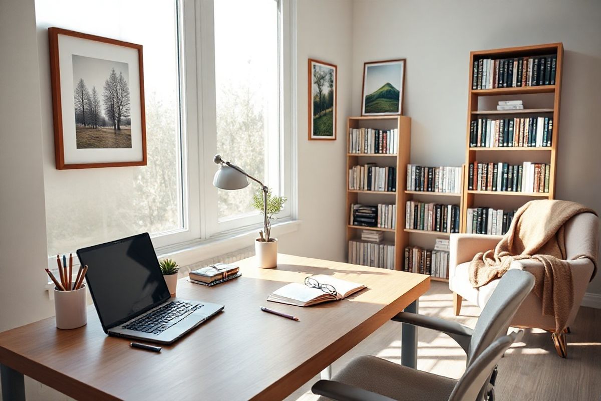 A photorealistic image depicts a serene, well-organized home office setting, designed to evoke focus and calmness. The room is bathed in natural light streaming through large windows, illuminating a sleek wooden desk clutter-free, except for a few neatly arranged stationery items and a small potted succulent. On the desk, a modern laptop rests next to an open notebook filled with handwritten notes, symbolizing productivity. A comfortable ergonomic chair is positioned at the desk, inviting the viewer to sit and concentrate.   The walls are adorned with soft pastel colors, creating a soothing atmosphere, while framed nature artwork hangs symmetrically, enhancing the sense of tranquility. A bookshelf filled with neatly aligned books on psychology, self-help, and ADHD management occupies one corner, showcasing knowledge and resources. In the background, a cozy armchair with a warm throw blanket suggests a space for relaxation. The overall ambiance is harmonious, reflecting a balanced environment conducive to studying or working, resonating with the theme of effective ADHD management through a combination of focus and comfort.