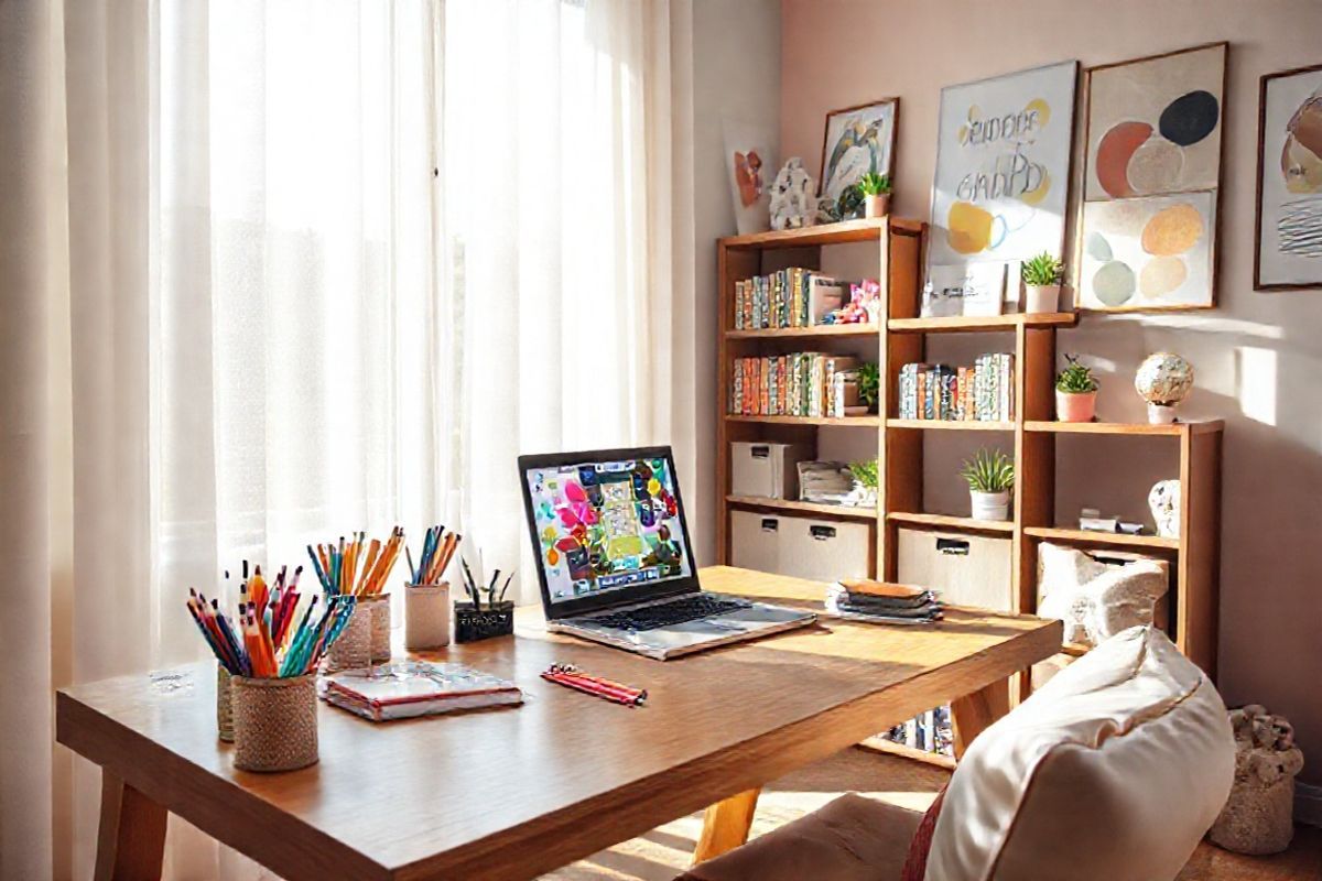 A photorealistic image depicting a serene and organized study space designed for a child or young adult with ADHD. The room features a large, sunlit window with sheer curtains that gently filter the light, creating a warm and inviting atmosphere. A sturdy wooden desk is adorned with a neatly arranged set of colorful stationery, including pencils, markers, and notebooks, emphasizing a sense of creativity and focus. On the desk, a sleek laptop is open, displaying a vibrant educational app or a digital planner, symbolizing modern learning tools.  In the background, a bookshelf is filled with engaging books on various subjects, alongside decorative items like a small globe and potted plants, adding a touch of nature and inspiration. The walls are painted in soothing pastel colors, promoting calmness, and adorned with motivational posters featuring abstract designs. A comfortable chair with soft cushions is positioned at the desk, inviting productivity. Soft toys or stress-relief items are placed nearby, representing emotional support tools. The overall ambiance conveys a harmonious blend of functionality and creativity, ideal for enhancing concentration and managing ADHD symptoms effectively.