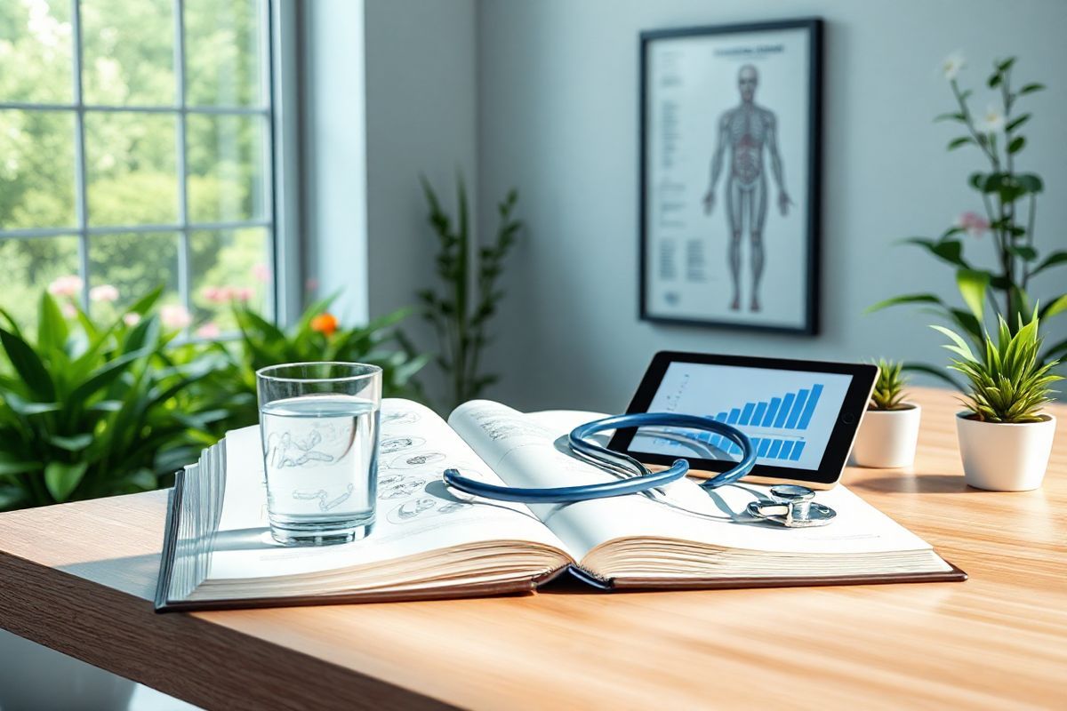 A photorealistic decorative image features a tranquil scene set in a modern healthcare environment, showcasing a clean and organized medical workspace. In the foreground, a sleek wooden desk is adorned with an open medical textbook, its pages displaying diagrams of bacteria and antibiotics. Beside the book, a glass of water sits on a coiled stethoscope, symbolizing the connection between knowledge and patient care.   The background features a large window with soft, natural light streaming in, illuminating the room. Outside, a serene garden filled with vibrant green plants and blooming flowers can be seen, creating a calming atmosphere. On the wall, a framed anatomical poster of the human body emphasizes the importance of understanding human health.   A small potted succulent adds a touch of nature to the workspace, while a digital tablet rests next to the book, displaying a graph of antibiotic resistance trends. The overall color palette combines soft blues and whites, evoking a sense of cleanliness and professionalism, while the inclusion of natural elements promotes a feeling of well-being and balance in the medical setting.