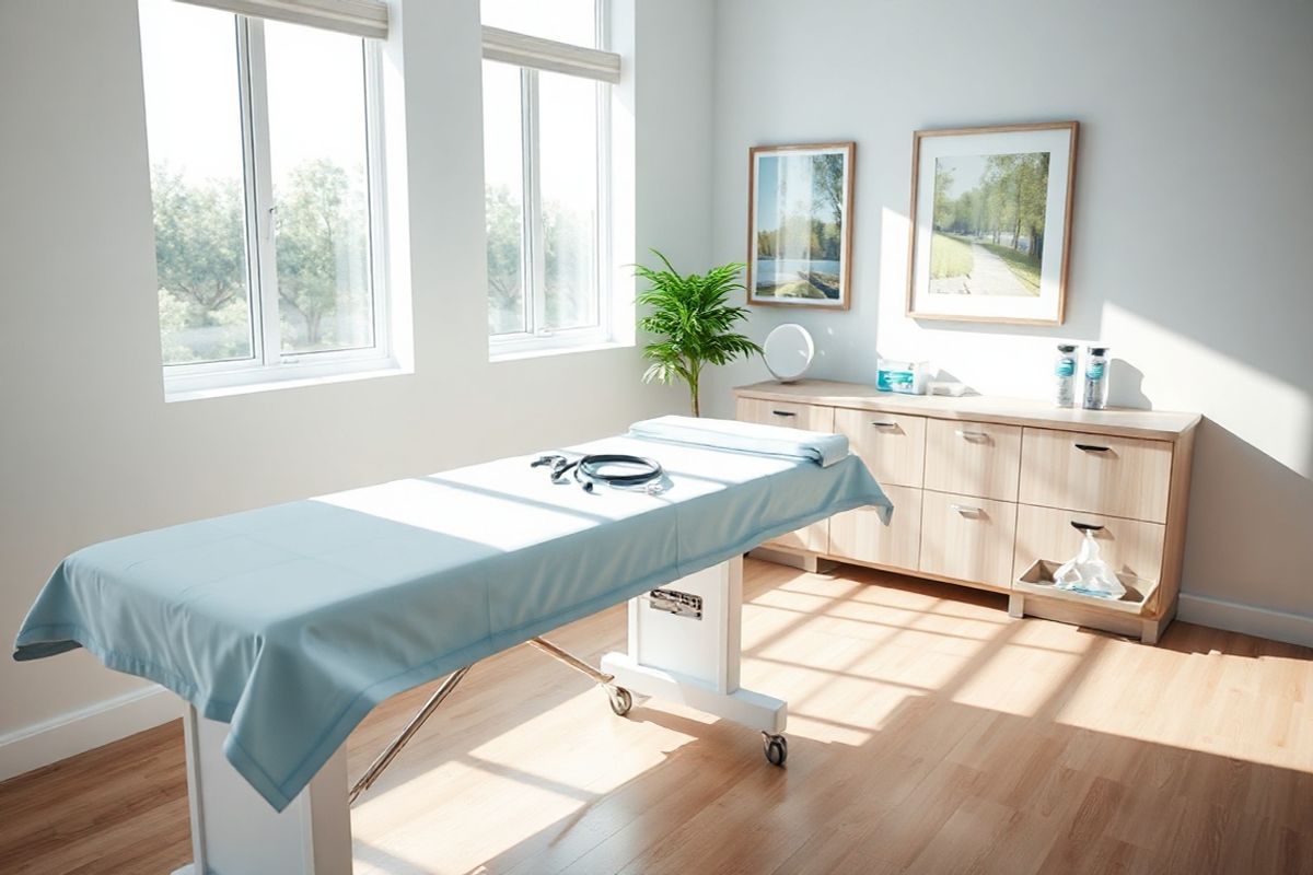 A serene and inviting scene unfolds in a bright, airy medical examination room. The focal point is a pristine white examination table adorned with crisp, light blue linens. Sunlight streams through large windows, illuminating the room and casting soft shadows on the polished wooden floor. On a nearby countertop, a variety of medical supplies are neatly arranged: a stethoscope, a sphygmomanometer, and a small tray with antiseptic wipes, all reflecting a sense of cleanliness and order.   In the background, a potted plant adds a touch of greenery, symbolizing health and vitality. The walls are painted in a soothing pastel color, creating a calming atmosphere. A framed artwork depicting a tranquil nature scene hangs on one wall, enhancing the overall sense of peace. The room exudes a sense of professionalism and care, evoking the importance of attentive medical practice and patient safety. The absence of any text allows the viewer to focus solely on the harmonious arrangement of elements, conveying a message of health, healing, and the importance of being aware of potential allergic reactions in a medical setting.