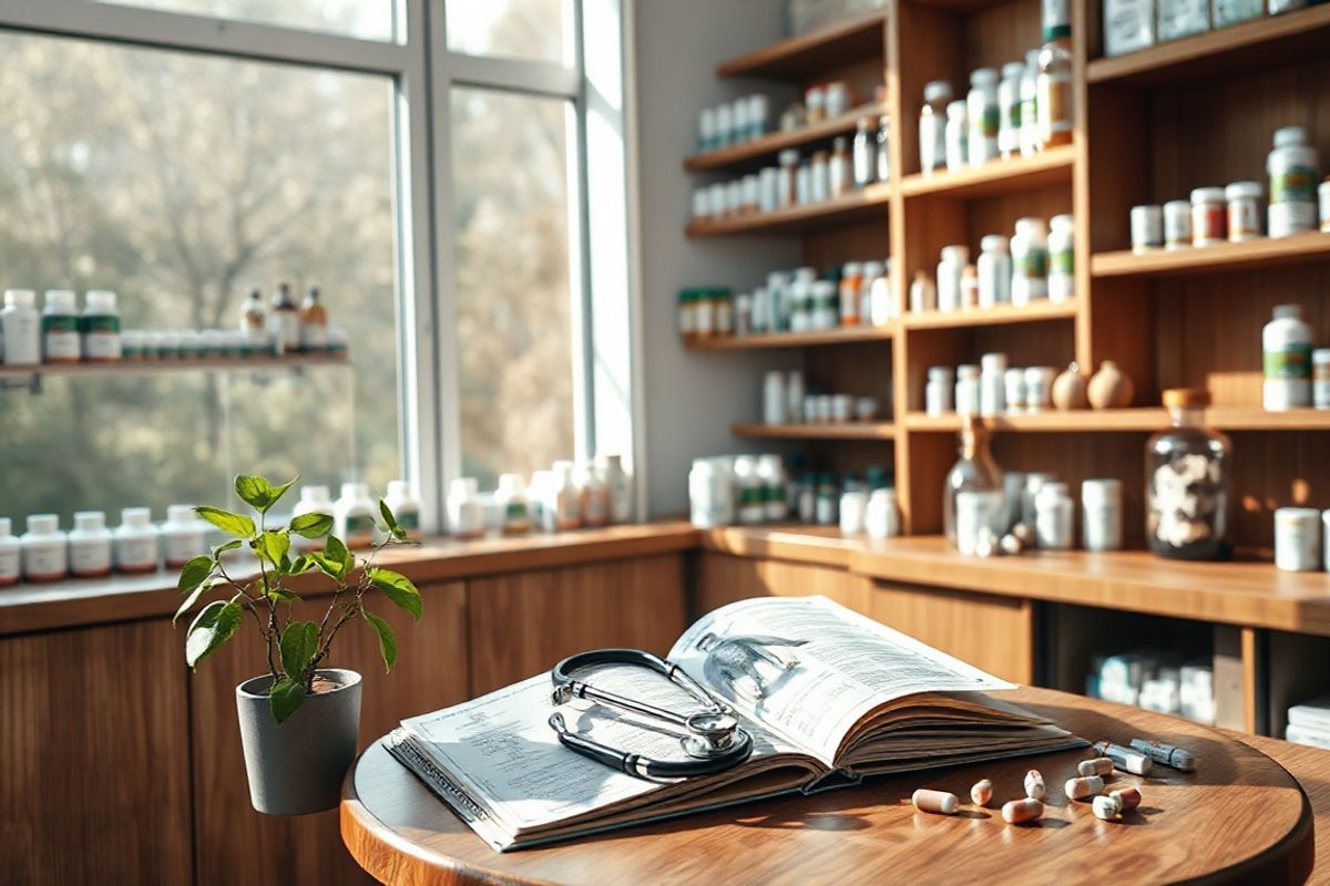 A photorealistic image of a serene pharmacy setting, featuring a well-organized wooden shelf filled with various prescription bottles and over-the-counter medications. The soft, natural light filters through a nearby window, casting gentle shadows that enhance the warm tones of the wood. In the foreground, a small table is adorned with an open medical guide, showcasing illustrations of human anatomy and a stethoscope resting beside it. A potted plant with lush green leaves adds a touch of life to the scene, symbolizing healing and wellness. The background includes a vintage apothecary jar, elegantly displaying herbal ingredients, along with a few scattered capsules and tablets, emphasizing the theme of medication and treatment. The overall atmosphere is calm and inviting, reflecting a professional yet comforting environment, perfect for conveying the importance of understanding medications like Bactrim and their role in healthcare.