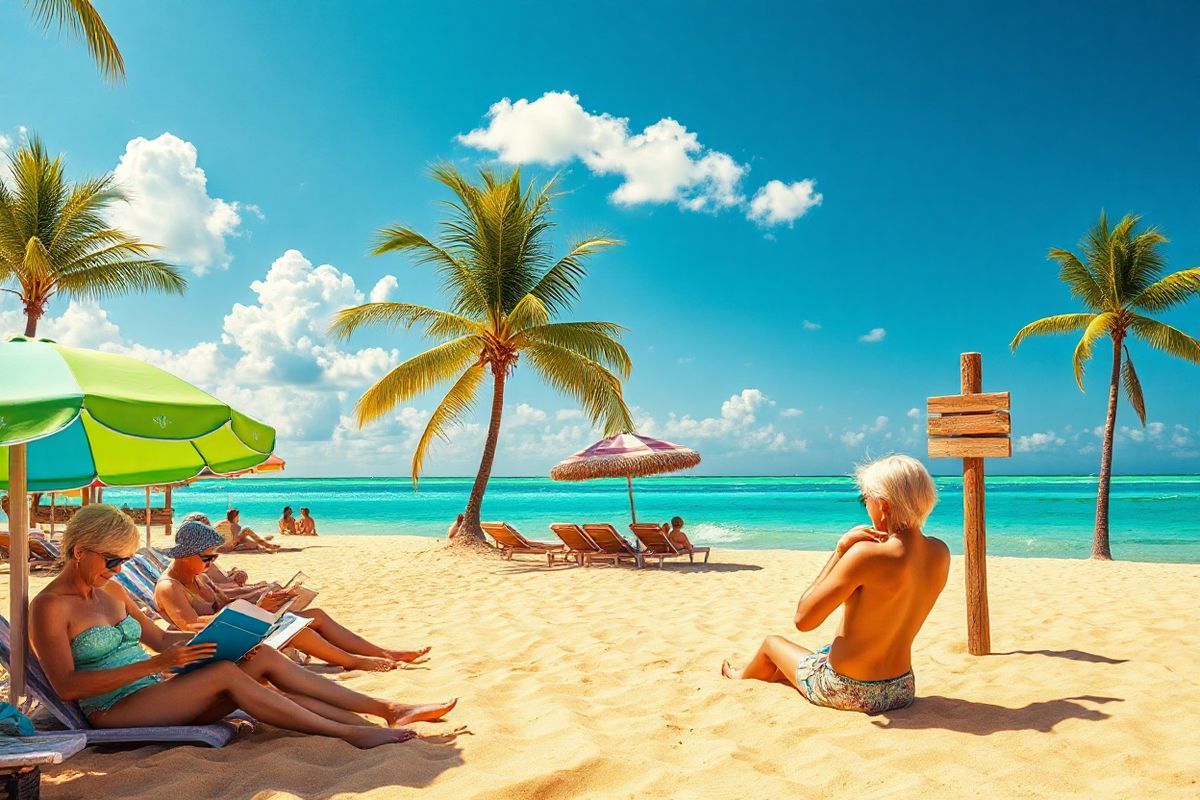 A serene, sunlit beach scene unfolds, showcasing a golden sandy shore gently lapping against crystal-clear turquoise waters. In the foreground, a group of sunbathers relax under colorful beach umbrellas, some reading books while others apply sunscreen, emphasizing the importance of skin protection. Nearby, a beachgoer with fair skin and light hair is seen carefully applying sunscreen onto their arms, highlighting the need for sun safety. The background features lush green palm trees swaying in a light breeze, and a vibrant blue sky dotted with fluffy white clouds. To the side, a small wooden signpost points toward a shaded area with a thatched roof, inviting onlookers to take a break from the sun. The entire scene is bathed in warm, golden sunlight, creating an inviting and tranquil atmosphere, while subtly reminding viewers of the joys of summer and the importance of protecting one’s skin from harmful UV rays. The balance of leisure and sun safety serves as a perfect visual complement to the discussion of basal cell carcinoma and its prevention.