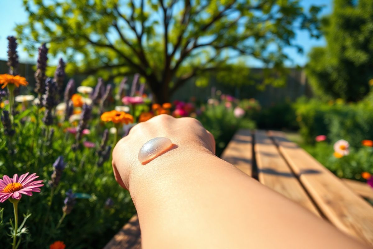 A serene outdoor scene depicting a sunlit garden, showcasing a variety of vibrant flowers and lush greenery. In the foreground, a close-up of a delicate, pearly white nodular basal cell carcinoma on a fair-skinned person’s arm, highlighting the shiny, translucent quality of the lesion. The arm is gently resting on a wooden garden bench, surrounded by colorful blooms such as lavender, daisies, and marigolds, all basking in the warm sunlight. The background features a softly blurred view of a leafy tree and a clear blue sky, creating a tranquil atmosphere. The focus is on the contrast between the vibrant nature surrounding the skin lesion and the gentle imperfections of human skin, emphasizing the importance of early detection and awareness of skin health. Subtle shadows play across the scene, enhancing the three-dimensional feel and realism of the composition, while the overall color palette consists of soft pastels and warm earth tones, inviting viewers to reflect on the beauty of nature and the importance of caring for one’s skin.