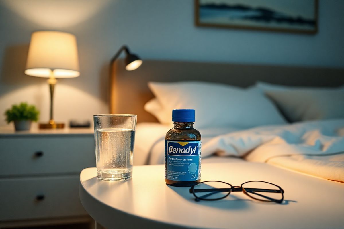 A serene and cozy nighttime setting featuring a bedside table adorned with a glass of water and a bottle of Benadryl, surrounded by a soft, warm light emanating from a stylish lamp. The background showcases a neatly made bed with fluffy pillows and a light quilt, creating an inviting atmosphere. On the wall, a subtle artwork depicting calming nature scenes adds to the tranquility of the space. A small potted plant sits on the table, bringing a touch of vibrant green to the scene, while a pair of reading glasses rests beside the medication. The overall color palette is soft and soothing, with gentle hues of blues and creams, evoking a sense of relaxation and comfort, perfect for those seeking relief from allergies or insomnia. The image captures the essence of a peaceful night, highlighting the role of Benadryl in promoting restful sleep and wellness.