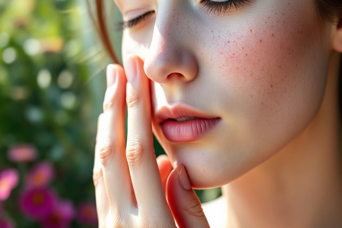 A serene close-up view of a delicate, human hand gently touching the skin of a youthful face adorned with faint telangiectasia. The skin is fair with subtle hints of rosy undertones, emphasizing tiny red spider veins that weave delicately across the cheeks and around the lips. Soft, diffused natural light cascades across the scene, highlighting the smooth texture of the skin and the intricate patterns of the dilated blood vessels. In the background, a blurred garden setting features lush greenery and colorful flowers, enhancing the overall serene atmosphere. The focus remains on the gentle touch of the hand and the beauty of the skin, evoking a sense of quiet elegance and the natural aspects of benign hereditary telangiectasia. The image captures the essence of youth and the cosmetic nature of the condition, presenting it in a positive light without any distress or discomfort.