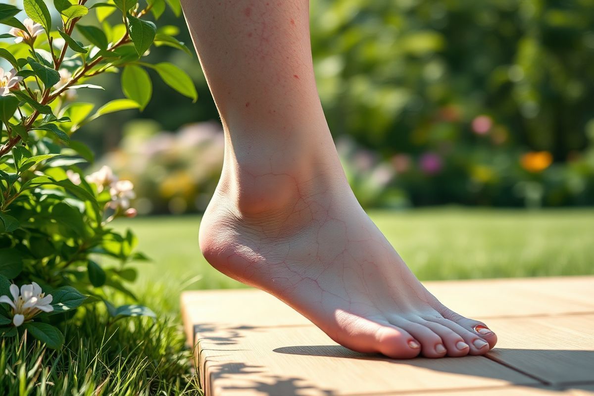 The image depicts a serene outdoor scene showcasing a close-up of a person’s leg, elegantly crossed over a smooth, sunlit surface, such as a wooden deck or soft grass. The skin is fair and flawless, highlighting a network of delicate, red and purple spider veins that intricately trace the contours of the leg. The veins appear as small, intricate lines, reminiscent of fine lacework, drawing attention to their cosmetic presence without any signs of irritation or discomfort. Surrounding this focal point, vibrant green foliage and blooming flowers add a touch of nature’s beauty, while soft sunlight filters through the leaves, casting gentle shadows. The background features a blurred view of a tranquil garden, enhancing the peaceful ambiance of the scene. This photorealistic depiction captures the essence of benign hereditary telangiectasia, emphasizing its cosmetic nature in a calm, inviting environment, perfect for conveying the theme of self-care and skin management. The overall composition is harmonious, inviting viewers to appreciate the beauty of the skin while recognizing the unique characteristics of BHT.