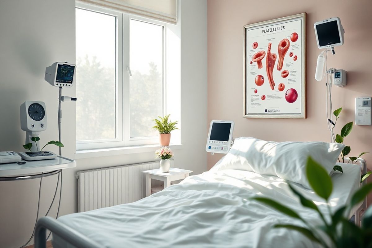 A photorealistic decorative image depicting a serene and calming medical environment would complement the content effectively. The scene features a softly lit hospital room with a comfortable patient bed adorned with crisp, white linens. A window allows gentle sunlight to stream in, illuminating the space with a warm glow. On a bedside table, a small vase holds fresh flowers, symbolizing hope and healing.   In the background, medical equipment is neatly arranged, showcasing advanced technology like a blood pressure monitor and a platelet transfusion setup, subtly indicating the focus on blood health. The walls are painted in soothing pastel colors, promoting a sense of tranquility.   Additionally, a framed anatomical poster of platelets and blood cells hangs on the wall, providing an educational touch without overwhelming the space. Soft green plants are placed strategically around the room, adding a natural element that enhances the atmosphere of care and recovery. The overall composition emphasizes a supportive environment, reflecting the importance of medical attention and patient well-being in managing conditions like Bernard-Soulier syndrome.