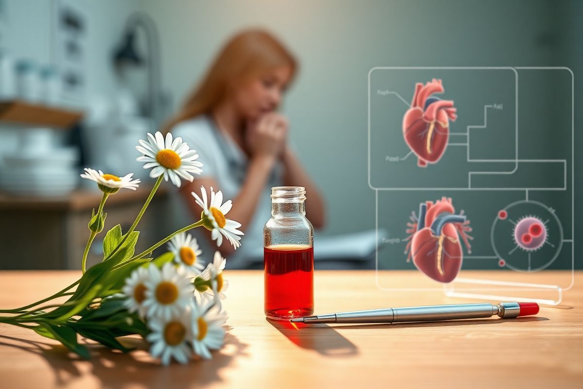 A photorealistic decorative image depicts a serene, softly lit clinical setting, emphasizing a wooden table with a delicate arrangement of medical tools and a glass vial containing bright red liquid, symbolizing blood. Surrounding the vial are fresh white daisies and green leaves, symbolizing life and healing, contrasting with the clinical aspect of the tools. In the background, a blurred image of a healthcare professional is seen, gently engaging with a patient, portraying compassion and care. The lighting is warm and inviting, creating an atmosphere of comfort and hope. To one side, a detailed anatomical model of a human heart and a diagram of blood cells are subtly integrated, symbolizing the connection between the body and the disorder. The overall composition conveys a sense of understanding and support for individuals living with Bernard-Soulier syndrome, emphasizing both the medical and human aspects of care. The color palette features soft whites, greens, and hints of red, creating an engaging and harmonious visual narrative that reflects the themes of health, compassion, and the complexities of blood disorders.