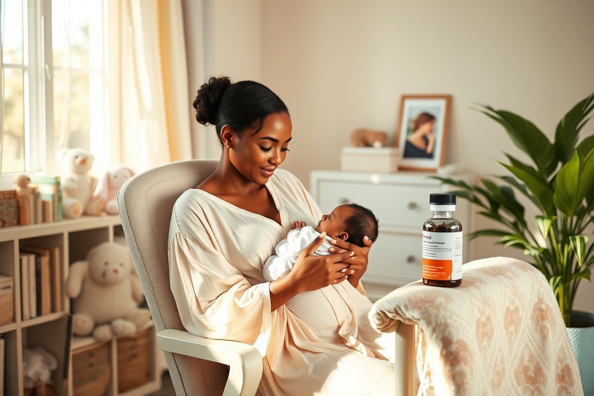 A serene, intimate scene depicting a new mother gently cradling her newborn in a softly lit, cozy nursery. The room is adorned with soothing pastel colors, featuring a plush rocking chair and a beautifully patterned quilt draped over it. A window with sheer curtains allows warm, natural light to filter in, casting a gentle glow over the space. On a nearby shelf, an assortment of baby books, plush toys, and a framed photo of the mother during her pregnancy adds a personal touch. The mother, with a calm and nurturing expression, is wearing a comfortable, flowing gown, symbolizing the warmth and love of motherhood. In her other hand, she holds a small, stylish bottle of antiretroviral medication prominently placed beside her on the armrest, subtly highlighting the importance of health and adherence. The background features soft greenery from potted plants, creating a peaceful ambiance that emphasizes the connection between health, motherhood, and the joy of breastfeeding. This image visually encapsulates the essence of support, care, and the journey of motherhood while managing health, making it a perfect complement to the narrative.