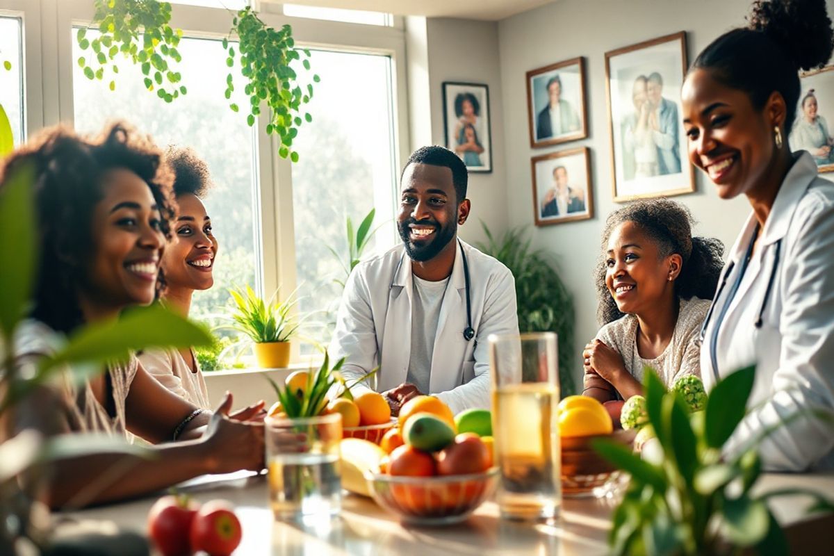 A photorealistic image depicting a serene and vibrant healthcare setting that embodies hope and transformation for individuals living with HIV. The foreground features a close-up of a diverse group of smiling individuals, including a Black woman, a Hispanic man, and an Asian mother with her child, all radiating health and positivity. They are gathered around a sunlit table filled with colorful fruits and a glass of water, symbolizing wellness and nourishment. In the background, a healthcare professional, a Black woman in a white coat, is engaging with a patient, showcasing a supportive and compassionate environment. Soft, warm lighting filters through large windows adorned with green plants, creating an inviting atmosphere. On the walls, there are framed images of families and community support, representing strength and resilience. The overall color palette is bright and uplifting, with greens, yellows, and blues, evoking a sense of vitality and hope. This image captures the essence of living well with HIV through effective treatment, promoting a message of community, health, and the importance of antiretroviral therapy.