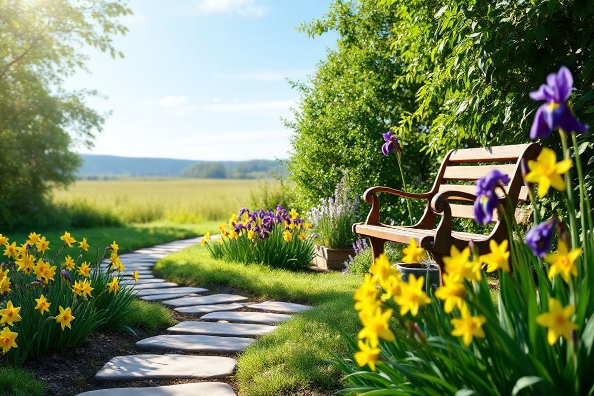 A photorealistic image depicting a serene outdoor setting that symbolizes hope and resilience in the face of bladder cancer. The scene features a lush, well-tended garden filled with vibrant flowers in full bloom, such as bright yellow daffodils and deep purple irises, representing vitality and renewal. In the background, a gentle pathway made of smooth stones winds through the garden, leading towards a soft-focus horizon under a clear blue sky, symbolizing the journey of patients battling cancer.   To the side, there’s a cozy wooden bench, inviting viewers to sit and reflect, surrounded by green foliage that offers a sense of tranquility. The sunlight filters through the leaves, casting delicate shadows on the ground, enhancing the peaceful atmosphere. A small water fountain can be seen in the corner, its gentle trickling sound epitomizing calmness and healing. The overall composition evokes feelings of warmth, hope, and the importance of supportive environments for patients and their families, perfectly resonating with the theme of survival and the impact of age on bladder cancer outcomes.