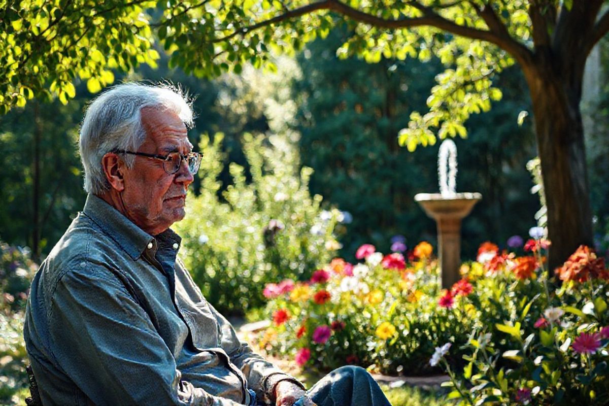 A photorealistic image depicting an elderly man sitting thoughtfully in a serene garden filled with vibrant flowers and lush greenery. He has a gentle expression, with silver hair and glasses that reflect a sense of wisdom and experience. The sunlight filters through the leaves of a nearby tree, casting dappled shadows on the ground. In the background, a well-maintained flower bed showcases a variety of colorful blossoms, symbolizing life and resilience. A small, elegant fountain gently bubbles, adding a soothing sound to the tranquil atmosphere. The scene conveys a sense of peace and contemplation, inviting viewers to reflect on the journey of life and the challenges faced, particularly in relation to health and well-being. The image captures the beauty of nature while subtly emphasizing the themes of aging and the importance of timely diagnosis and care in health matters, particularly concerning bladder cancer.