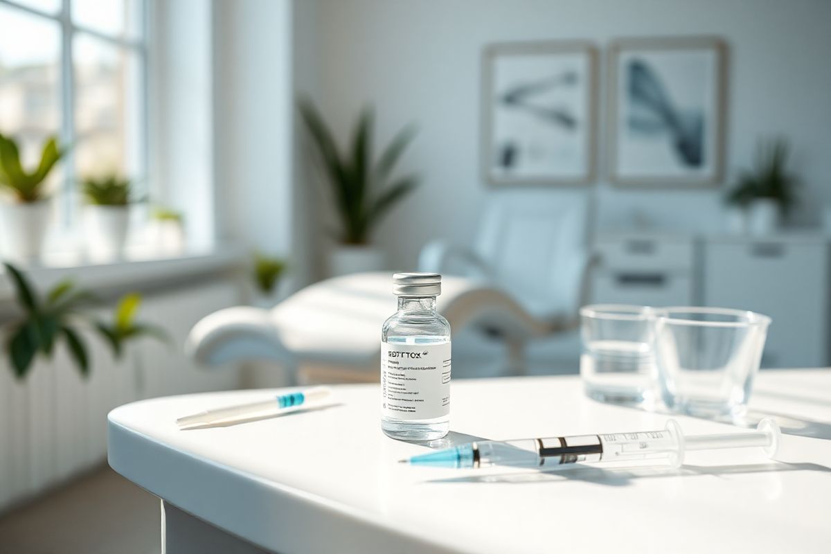 A photorealistic image depicts a serene, well-lit clinical setting, showcasing a pristine treatment area designed for aesthetic procedures. The focus is on a glass vial of Botox resting on a sleek, white countertop, accompanied by a sterile syringe filled with a clear, diluted solution. Surrounding the vial are small, tidy medical instruments, including alcohol swabs and a measuring cup for saline. Soft, natural light filters through a large window, casting gentle shadows and highlighting the smooth surfaces of the equipment. In the background, a blurred image of a modern medical chair and soothing decor, like potted plants and calming art, creates a sense of tranquility and professionalism. The color palette is soft and inviting, featuring whites, light blues, and gentle greens, evoking a sense of safety and precision in the cosmetic treatment environment.