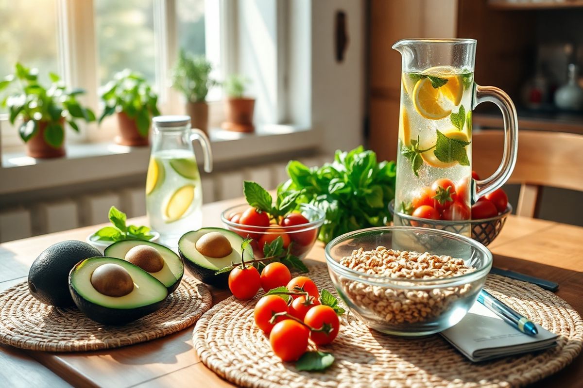 A photorealistic image depicting a serene kitchen setting bathed in warm, natural light. The focus is on a beautifully arranged dining table that features an array of colorful, fresh fruits and vegetables, including ripe avocados, vibrant cherry tomatoes, leafy greens, and a bowl of oats, symbolizing healthy dietary choices for managing ulcerative colitis. In the background, a glass pitcher filled with refreshing water infused with slices of lemon and mint sits beside a notepad and pen, suggesting the practice of keeping a food diary. Soft, inviting textures are present, with a woven placemat and rustic wooden table, creating a cozy ambiance. The scene is complemented by potted herbs like basil and parsley on the windowsill, emphasizing the importance of fresh ingredients in meal preparation. Sunlight filters through the window, casting gentle shadows and enhancing the overall warmth of the space, evoking a sense of calm and mindful eating, perfect for those navigating dietary changes in their health journey.