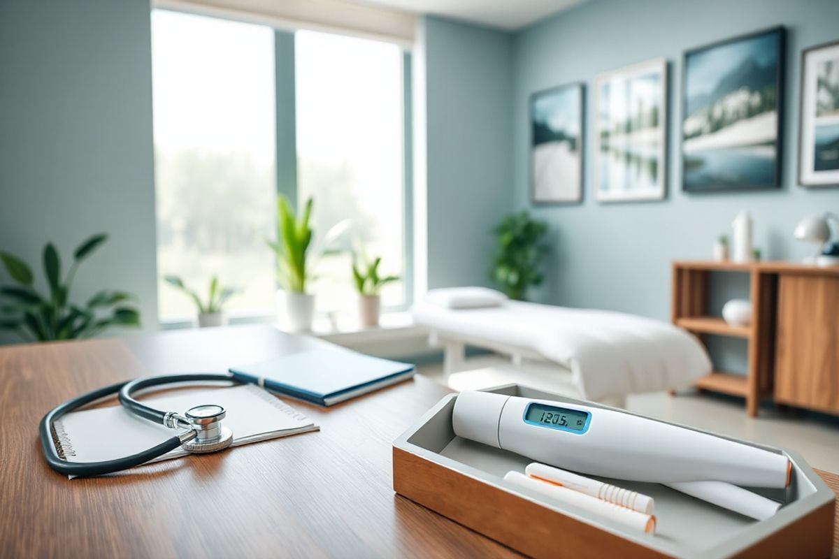 A serene and inviting medical office scene is depicted, featuring a modern examination room. The focus is on a sleek wooden desk adorned with a stethoscope, a notepad, and a pen, suggesting readiness for patient consultations. In the background, a large window allows natural light to flood the room, illuminating soft green plants positioned on the windowsill. A comfortable examination table with crisp white linens is prominently placed, conveying a sense of cleanliness and care. On the walls, calming artwork of nature scenes adds a touch of tranquility to the environment. A digital thermometer and allergy testing tools are neatly organized in a tray, symbolizing the focus on patient health and management of allergic reactions. The overall color palette consists of soft blues and greens, creating a soothing atmosphere that promotes a sense of trust and safety for patients discussing their concerns. This photorealistic image captures the essence of a supportive healthcare space, emphasizing the importance of effective management and open communication regarding allergic reactions to medications like Briviact.