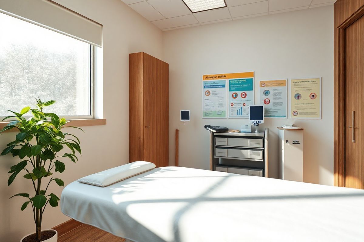 A serene and inviting medical setting featuring a well-lit examination room. The room is adorned with soft, neutral-colored walls and warm wooden accents. In the foreground, a plush examination table is covered with crisp white linens, creating a clean and comfortable atmosphere. On the wall, a large window lets in natural light, casting gentle shadows across the room. Nearby, a small potted plant with lush green leaves adds a touch of life and color, symbolizing healing and growth. A sleek, modern medical cart holds essential supplies, including a stethoscope, blood pressure cuff, and allergy testing materials, subtly emphasizing the focus on patient care. In the background, a bulletin board displays colorful health awareness posters, showcasing information about allergies and medication safety, while still maintaining a calm and professional aesthetic. The overall ambiance of the room conveys a sense of safety, comfort, and attentiveness, inviting patients to feel at ease as they discuss their health concerns, particularly those related to allergic reactions to medications like Briviact.