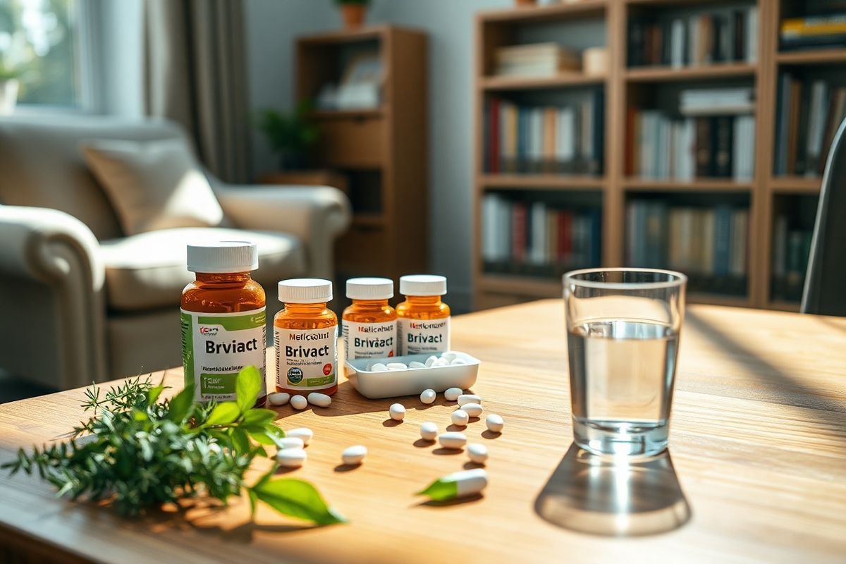 A close-up view of an elegant wooden table adorned with an assortment of prescription medication bottles, including Briviact, arranged neatly beside a small, open pill organizer. The scene is softly illuminated by natural light streaming through a nearby window, casting gentle shadows on the surface. In the background, a blurred image of a cozy living space can be seen, with a plush armchair and a bookshelf filled with medical literature. Scattered around the table are fresh herbs like rosemary and peppermint, symbolizing the importance of dietary considerations in medication management. A glass of clear water sits invitingly next to the pill organizer, emphasizing the theme of health and well-being. The overall atmosphere is serene and informative, capturing a moment of reflection on the significance of medication safety and the importance of consulting healthcare providers. The color palette features warm wood tones, soft greens from the herbs, and gentle light hues, creating a calming and thoughtful ambiance.