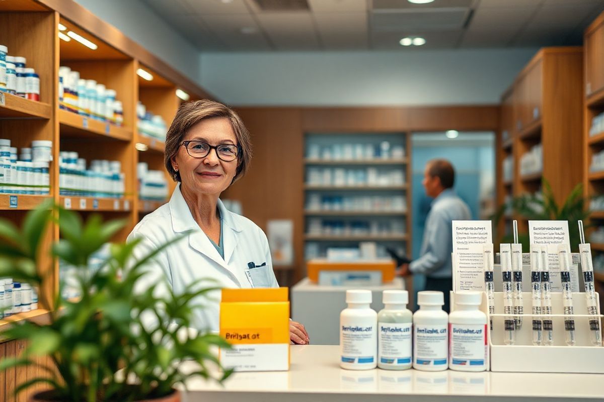 A photorealistic image depicting a serene and inviting pharmacy interior, showcasing shelves lined with various prescription medications, including Briviact. The pharmacy features warm wooden cabinetry and soft, ambient lighting that creates a calming atmosphere. In the foreground, a knowledgeable pharmacist, a middle-aged woman with glasses and a friendly smile, is engaged in conversation with a patient, emphasizing a sense of trust and care. On the counter, there’s a neatly arranged display of oral tablets, liquid solutions, and injectable formulations, highlighting the diverse forms of Briviact. Soft greenery in pots adds a touch of nature, while a patient-friendly brochure rack showcases informational pamphlets about epilepsy treatment options. The background has a subtle hint of a consultation area, suggesting a welcoming space where patients can discuss their health needs. Overall, the image conveys a sense of professionalism, warmth, and the importance of healthcare accessibility, making it an ideal visual representation for discussions surrounding Briviact and its usage.