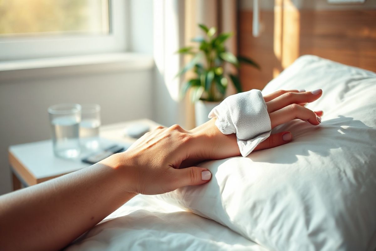 A photorealistic image captures a serene post-surgery scene in a well-lit recovery room. The focus is on a delicate hand resting on a soft white pillow, showcasing subtle bruising around the wrist, indicative of recent carpal tunnel surgery. The skin tone is warm and natural, with the bruises displaying shades of purple and yellow, blending seamlessly into the skin. Nearby, a neatly organized bedside table holds essential items: a glass of water, a small bottle of pain relief medication, and an ice pack wrapped in a cloth, gently resting against the hand. Soft sunlight streams through a nearby window, casting a warm glow over the scene, enhancing the calm ambiance. In the background, a blurred image of a potted green plant adds a touch of life and freshness to the room. The overall mood of the image conveys a sense of tranquility and healing, illustrating the delicate balance of recovery and comfort after surgery.