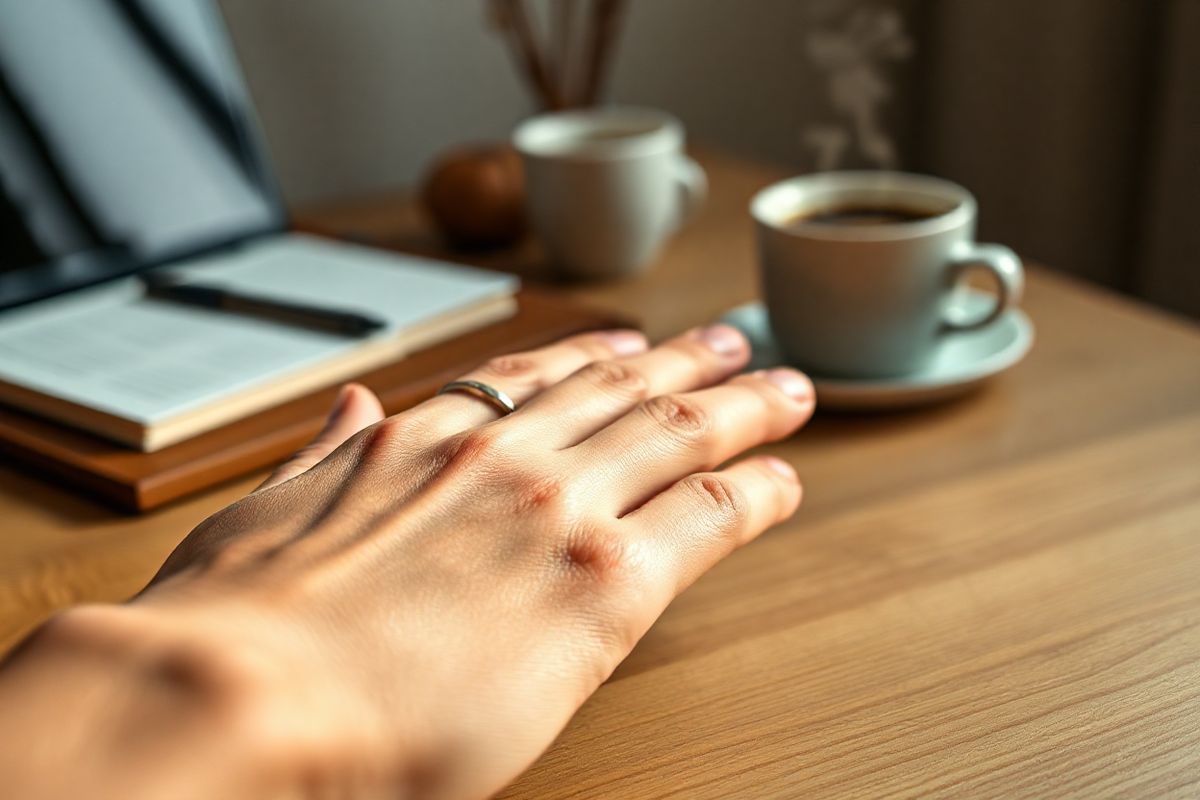 A close-up, photorealistic image of a human hand gently resting on a wooden surface, showcasing the intricate details of the skin texture and the subtle veins beneath. The hand is positioned in a relaxed manner, with the fingers slightly spread to highlight the natural contours and the delicate features of the knuckles. Soft, warm lighting casts gentle shadows, enhancing the three-dimensionality of the hand.   In the background, a blurred image of a cozy, inviting workspace can be seen, featuring a laptop, a notepad, and a steaming cup of coffee, suggesting an environment where repetitive hand movements may occur. The focus remains on the hand, which is adorned with a simple, elegant ring on the middle finger, symbolizing everyday life.   The overall color palette is warm and inviting, with browns and soft creams, evoking a sense of comfort and calm. This image aims to convey the importance of hand function in daily activities while subtly hinting at the challenges posed by conditions like Carpal Tunnel Syndrome.