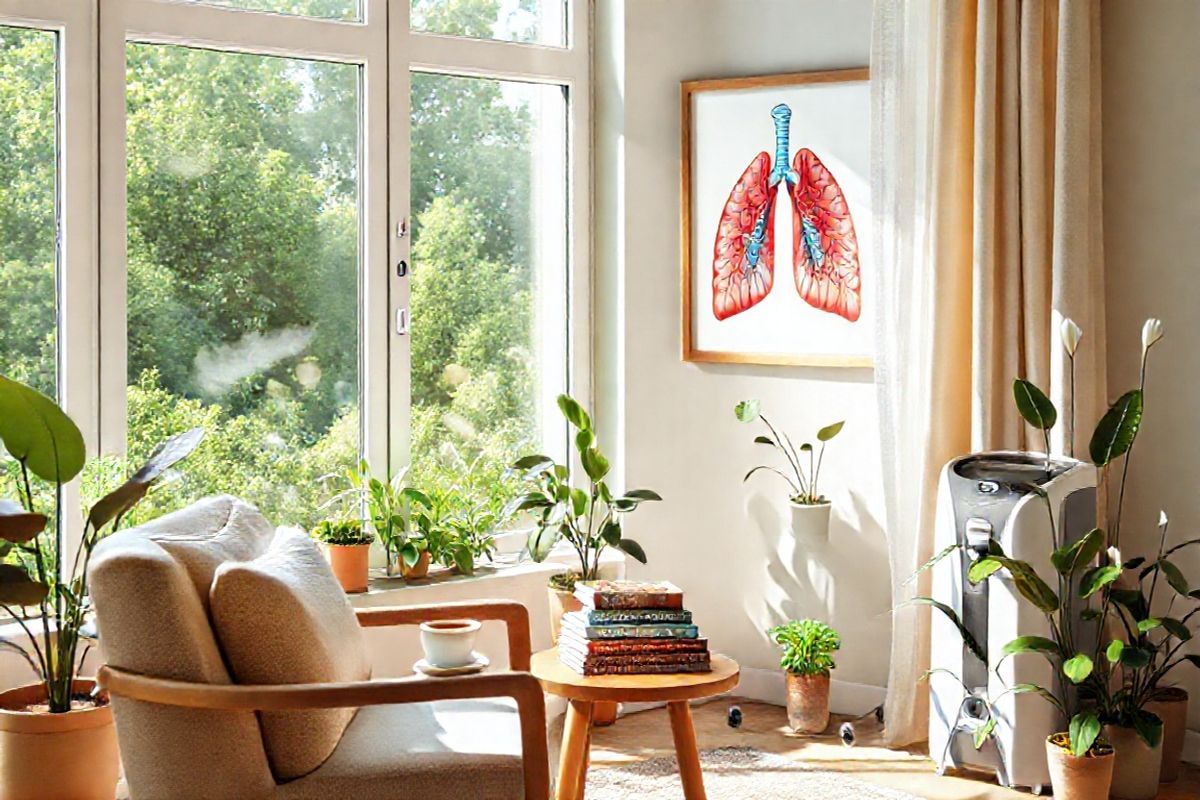 A photorealistic image depicting a serene and tranquil indoor setting designed for a respiratory health theme. The scene features a sunlit room with large windows showcasing a lush green garden outside, symbolizing fresh air and vitality. In the foreground, a comfortable armchair is positioned next to a small wooden table adorned with a steaming cup of herbal tea and a stack of health-related books. On the wall behind, a framed artwork of a vibrant lung anatomy illustration highlights the importance of respiratory health.   Potted plants, such as peace lilies and snake plants, are placed strategically around the room, representing clean air and natural healing, while a gentle breeze flows through the open window, causing the curtains to flutter softly. A stylish oxygen concentrator sits discreetly in a corner, blending seamlessly with the decor, indicating the importance of oxygen therapy for those living with bullous emphysema. The overall atmosphere is calming and inviting, with warm, soft colors, creating a sense of comfort and peace, perfect for a space dedicated to self-care and health management.