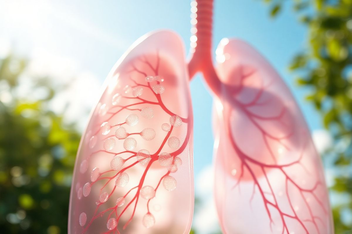 A photorealistic image depicting a serene, sunlit scene of a tranquil lung environment can beautifully complement the discussion of bullous emphysema. The image features a close-up view of healthy lung tissue interspersed with delicate, translucent air sacs, showcasing their elasticity and intricate structure. In the background, blurred representations of damaged lung tissue and large bullae are subtly illustrated, symbolizing the contrast between healthy and affected lungs. Soft, diffused sunlight filters through, illuminating the healthy areas while casting gentle shadows on the damaged sections, enhancing the sense of depth and realism. Surrounding the lungs, a backdrop of lush greenery and clear blue skies conveys a sense of vitality and fresh air, reinforcing the importance of lung health. The overall color palette is calming, with shades of soft greens, blues, and warm sunlight, creating a peaceful atmosphere that encourages viewers to reflect on respiratory health and the impact of diseases like bullous emphysema.