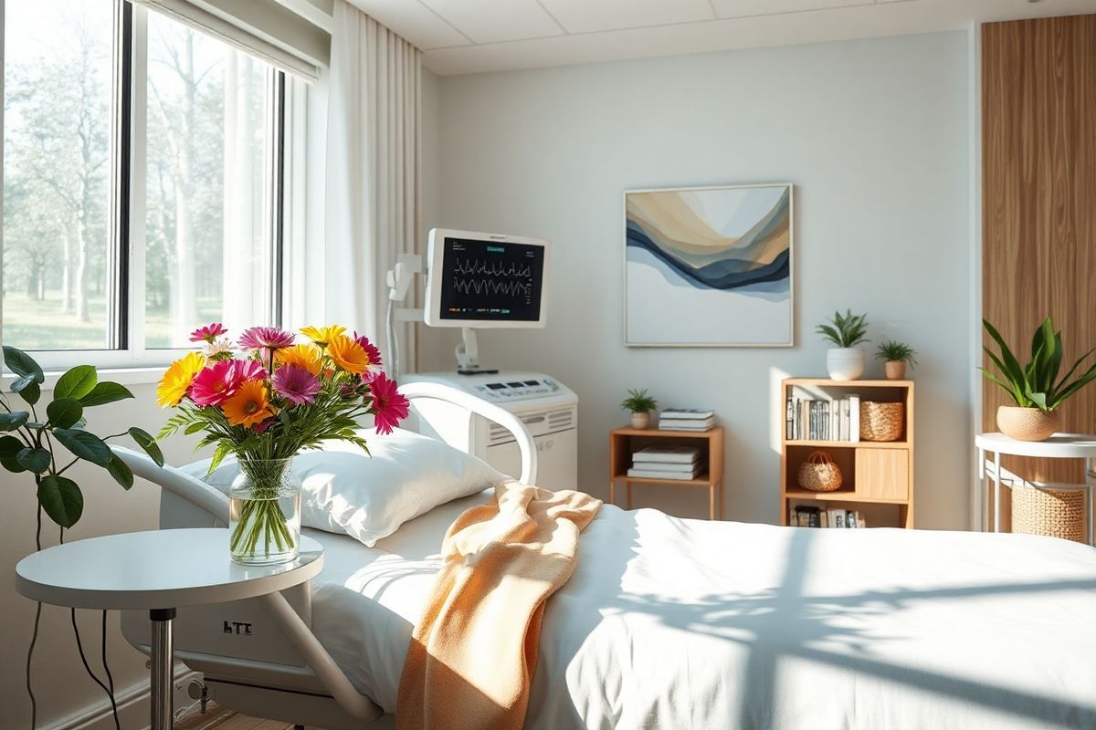 A photorealistic image depicting a serene and tranquil medical setting, featuring a well-lit hospital room with a large window allowing natural light to flood the space. The room is elegantly furnished with a comfortable patient bed adorned with crisp white linens and a soft, inviting throw blanket. On a bedside table, an array of colorful, fresh flowers in a clear vase adds a touch of warmth and life. In the background, a state-of-the-art medical monitor displays vital signs, subtly emphasizing the theme of health and wellness. The walls are painted in calming pastel colors, adorned with abstract art that evokes feelings of hope and serenity. A small bookshelf filled with health-related literature and plants adds a personal touch. Soft, natural textures like wooden accents and woven baskets create a cozy atmosphere, while sunlight streams through the window, casting gentle shadows and enhancing the overall sense of well-being. This image embodies a healing environment, symbolizing care and support for patients undergoing treatment, making it the perfect visual companion to the discussion of Cabozantinib and patient experiences.