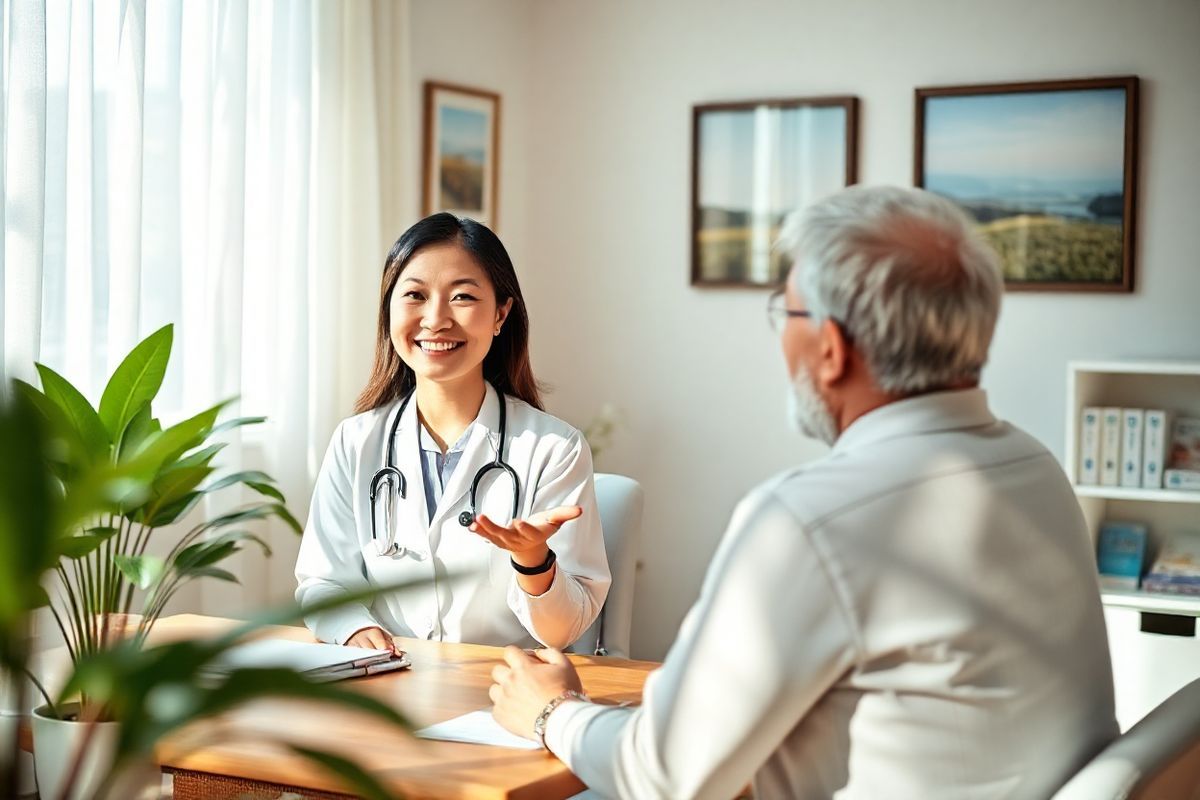 A serene and inviting healthcare environment, showcasing a well-lit consultation room with soft, warm colors. In the foreground, a friendly healthcare provider—an Asian woman with a reassuring smile—sits at a wooden desk, attentively listening to a middle-aged Caucasian male patient who appears engaged and open, gesturing with his hands as he discusses his symptoms. The background features a large window with sheer curtains, allowing natural light to flood the space, illuminating a potted plant that adds a touch of greenery. On the walls, framed art depicting tranquil nature scenes creates a calming atmosphere. A small bookshelf filled with medical literature and pamphlets is neatly organized, symbolizing the knowledge and support available to patients. The overall composition conveys a sense of trust, collaboration, and effective communication, emphasizing the importance of patient-provider dialogues in achieving optimal treatment outcomes.