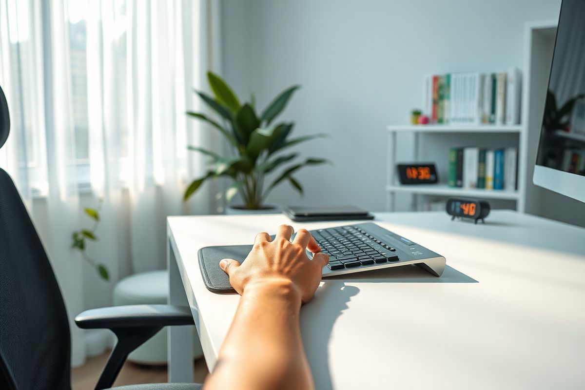 A photorealistic image depicts a serene and calming workspace designed for ergonomic comfort, featuring a sleek, modern desk with a stylish wrist rest and a high-quality ergonomic keyboard. Soft, natural light pours in through a large window adorned with sheer curtains, illuminating the workspace. In the foreground, a hand is gently positioned on the wrist rest, with fingers poised over the keyboard, suggesting a moment of focused work. A comfortable ergonomic chair is visible, designed to support proper posture. The background showcases a lush indoor plant, adding a touch of greenery, and a neatly organized shelf filled with books on health and wellness, alongside a small digital clock displaying a peaceful time. The color palette includes soft blues and greens, promoting a tranquil atmosphere, while the overall ambiance conveys a sense of mindfulness and self-care, making it an ideal setting for preventing carpal tunnel syndrome and maintaining wrist health.