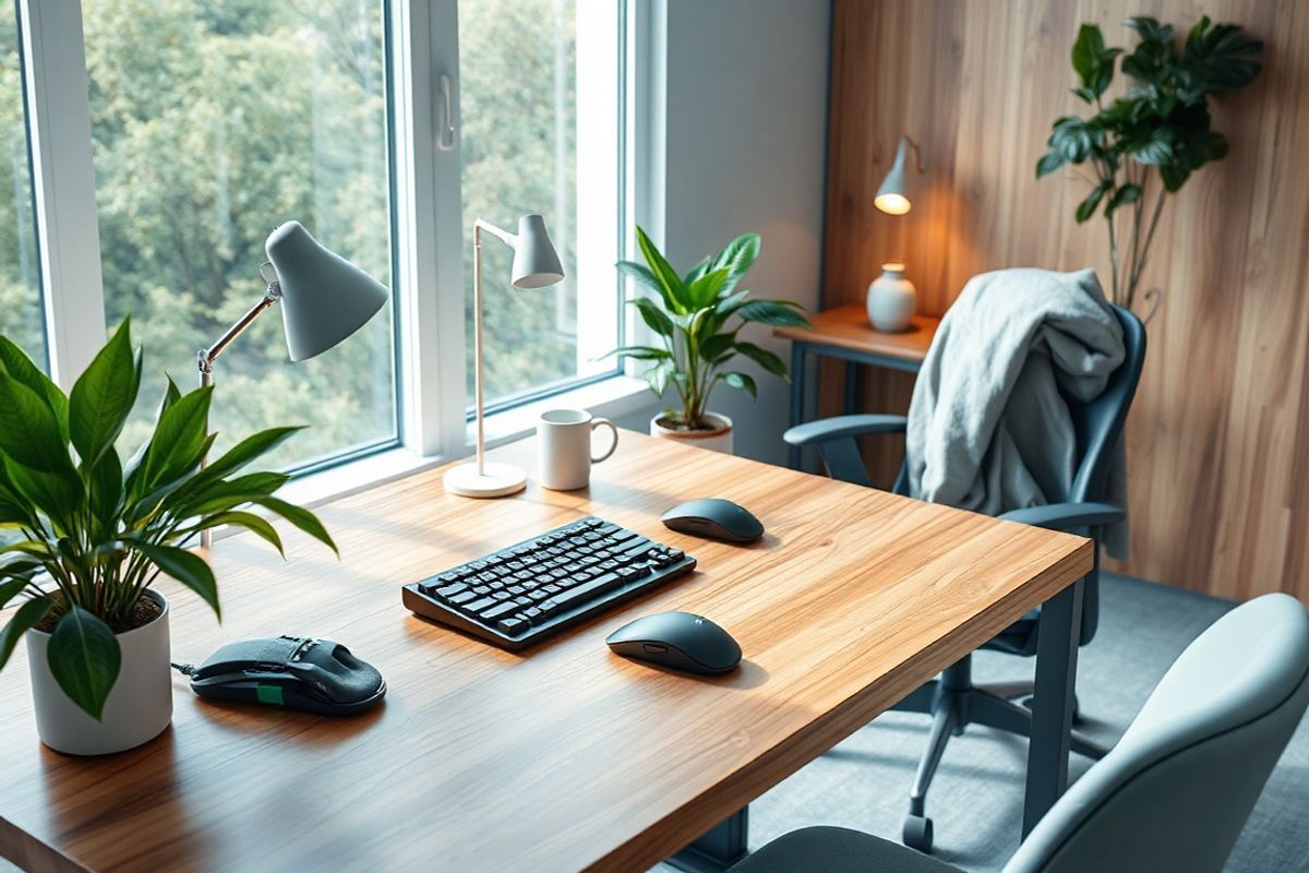 A photorealistic decorative image captures a serene workspace designed for ergonomics and comfort. The focal point is a sleek, modern desk made of polished wood, positioned beside a large window that allows natural light to flood the space. On the desk, a high-quality ergonomic keyboard and mouse are paired with a soft wrist rest, highlighting a commitment to hand health. A stylish wrist splint rests nearby, suggesting the importance of prevention against Carpal Tunnel Syndrome. Lush green plants adorn the corners, bringing a touch of nature indoors, while a minimalist desk lamp casts a warm glow. In the background, a comfortable ergonomic chair with lumbar support invites relaxation and proper posture, and a cozy throw blanket is draped over it, suggesting a welcoming atmosphere. The overall color palette combines soft blues and natural wood tones, creating a calming environment that encourages productivity while promoting wellness. The image conveys a sense of balance between work and health, making it an ideal visual representation for discussions around Carpal Tunnel Syndrome and its management strategies.