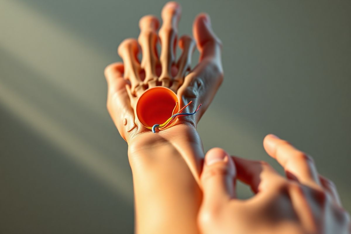 A photorealistic image of a close-up view of a human wrist displaying the intricate anatomy of the carpal tunnel. The image should highlight the narrow passageway of the wrist, surrounded by detailed textures of bones and ligaments. The median nerve and tendons should be subtly illuminated, showcasing their delicate structures and colors, with a soft glow to emphasize their importance. The background should be softly blurred to keep the focus on the wrist anatomy, while gentle lighting creates a serene atmosphere. In the foreground, a pair of hands should be depicted in a relaxed position, suggesting a natural, ergonomic posture that emphasizes the importance of wrist health. The overall color palette should be warm and inviting, with skin tones that reflect realism, complemented by soft shadows that enhance the three-dimensional quality of the wrist and its components. This image serves as a visual representation of the content, promoting awareness of carpal tunnel syndrome and the significance of maintaining healthy wrist posture.