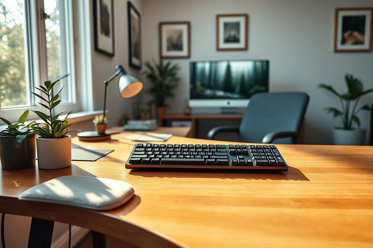 A photorealistic image of a serene home office setup, featuring a sleek, modern ergonomic keyboard prominently placed on a polished wooden desk. The keyboard is positioned at a comfortable angle, demonstrating ideal wrist posture, with a soft, plush wrist rest nearby. The workspace is bathed in warm, natural light streaming through a large window, illuminating a minimalistic desk plant and a stylish desk lamp. In the background, a high-resolution monitor sits at eye level, displaying calming visuals of nature, such as a tranquil forest scene. The walls are adorned with tasteful artwork, and the overall ambiance exudes a sense of tranquility and focus. A cozy chair, designed for comfort, is positioned perfectly for optimal posture. The scene conveys a harmonious blend of functionality and aesthetics, emphasizing the importance of a well-organized and ergonomic workspace to promote wrist health and productivity.