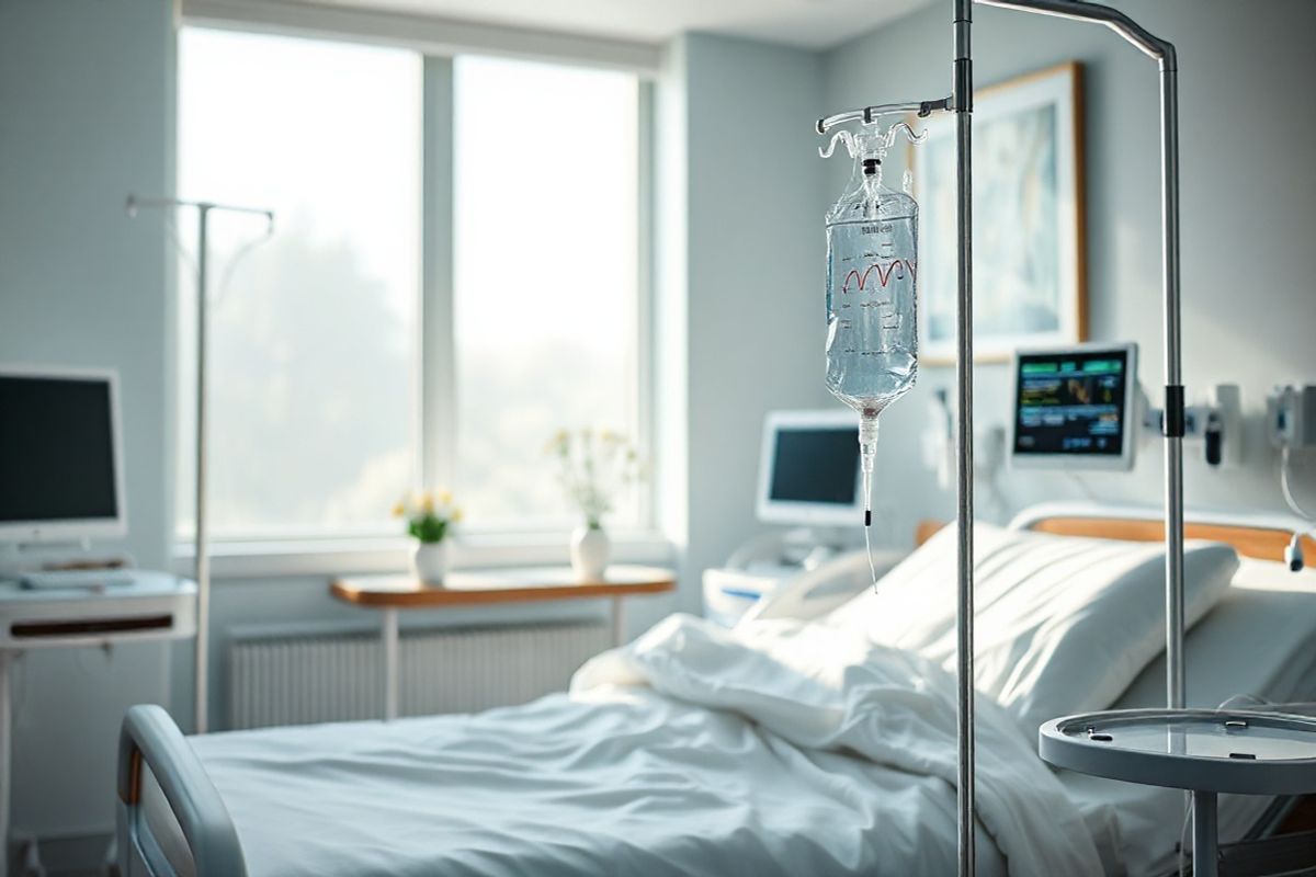 A photorealistic image captures a serene hospital setting, showcasing a softly lit patient room with a large window allowing natural light to filter in. In the foreground, a comfortable hospital bed is adorned with crisp white linens and a plush blanket, conveying a sense of care and comfort. Beside the bed, a modern IV stand holds a clear infusion bag, symbolizing the administration of CAR-T therapy.   On a nearby table, a small vase of fresh flowers adds a touch of warmth and vibrancy to the space. The background features a gentle color palette of soft blues and greens, promoting a calming atmosphere. Subtle details, such as medical equipment and a digital monitor displaying heart rate and vital signs, emphasize the advanced medical care being provided.   A framed abstract artwork hangs on the wall, adding an artistic element to the environment without being overpowering. The overall composition radiates hope and healing, reflecting the significance of innovative therapies like Carvykti in improving patients’ lives while also acknowledging the seriousness of the treatment process.