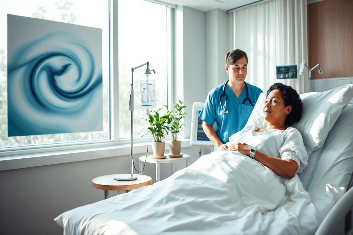 A serene hospital room bathed in soft, natural light filtering through large windows, showcasing a comfortable patient bed adorned with crisp white linens. Beside the bed, a small wooden table holds a clear infusion bag, gently swaying as it drips. On the wall, calming artwork depicting abstract swirls of blues and greens creates a peaceful atmosphere, while a potted plant in the corner adds a touch of life. A healthcare provider, dressed in scrubs, attentively monitors the patient, whose face reflects a mix of hope and determination. The room is equipped with advanced medical devices, subtly blending into the background, emphasizing the fusion of cutting-edge technology and compassionate care. The overall ambiance conveys a sense of reassurance and safety, highlighting the critical role of monitoring and support during the treatment process.