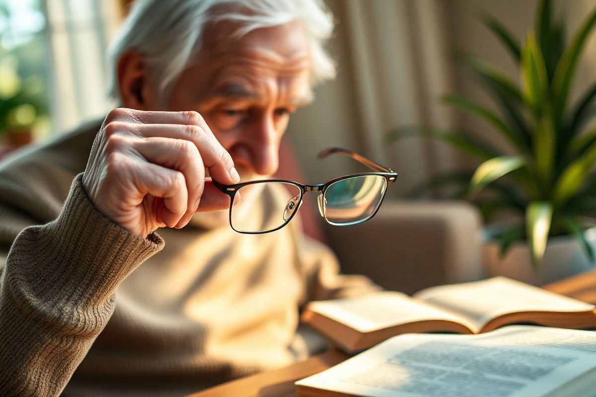 A photorealistic decorative image depicting an elderly person gently holding a pair of glasses in one hand, while the other hand is poised near their eye, symbolizing the struggle with cataracts. The background features a softly blurred out view of a cozy living room with warm, inviting lighting, hinting at a moment of reflection and contemplation. On a nearby table, a book lies open, with the text appearing slightly out of focus, representing the challenges of reading due to vision impairment. The elderly person’s face shows a mix of concern and determination, capturing the emotional weight of the journey through cataracts. Gentle rays of sunlight filter through a window, casting a warm glow that emphasizes the clarity of the glasses, contrasting with the surrounding softness, symbolizing hope and the quest for clear vision. The color palette includes warm earth tones, with subtle hints of green plants in the background, embodying a serene and comforting atmosphere that resonates with the theme of navigating the challenges of aging and eye health.