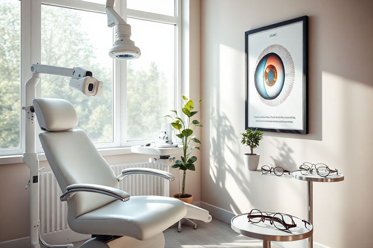 A photorealistic image captures a serene eye examination room, bathed in soft, natural light filtering through large windows. The focal point is an elegant ophthalmology chair, positioned beside a sleek examination table adorned with advanced diagnostic equipment. Nearby, a framed anatomical poster of the human eye illustrates the structure of the lens, including the stages of cataract formation. The walls are painted in calming pastel shades, enhancing the comforting atmosphere. A potted plant with lush, green leaves adds a touch of nature, symbolizing health and vitality. On a small side table, a collection of high-quality eyeglasses rests, showcasing various styles and colors, hinting at the importance of vision care. The overall composition conveys a sense of professionalism and warmth, inviting patients to feel at ease while emphasizing the significance of regular eye exams and cataract awareness. Soft shadows and highlights create depth, making the scene inviting and realistic, perfect for illustrating the journey of understanding and treating cataracts.