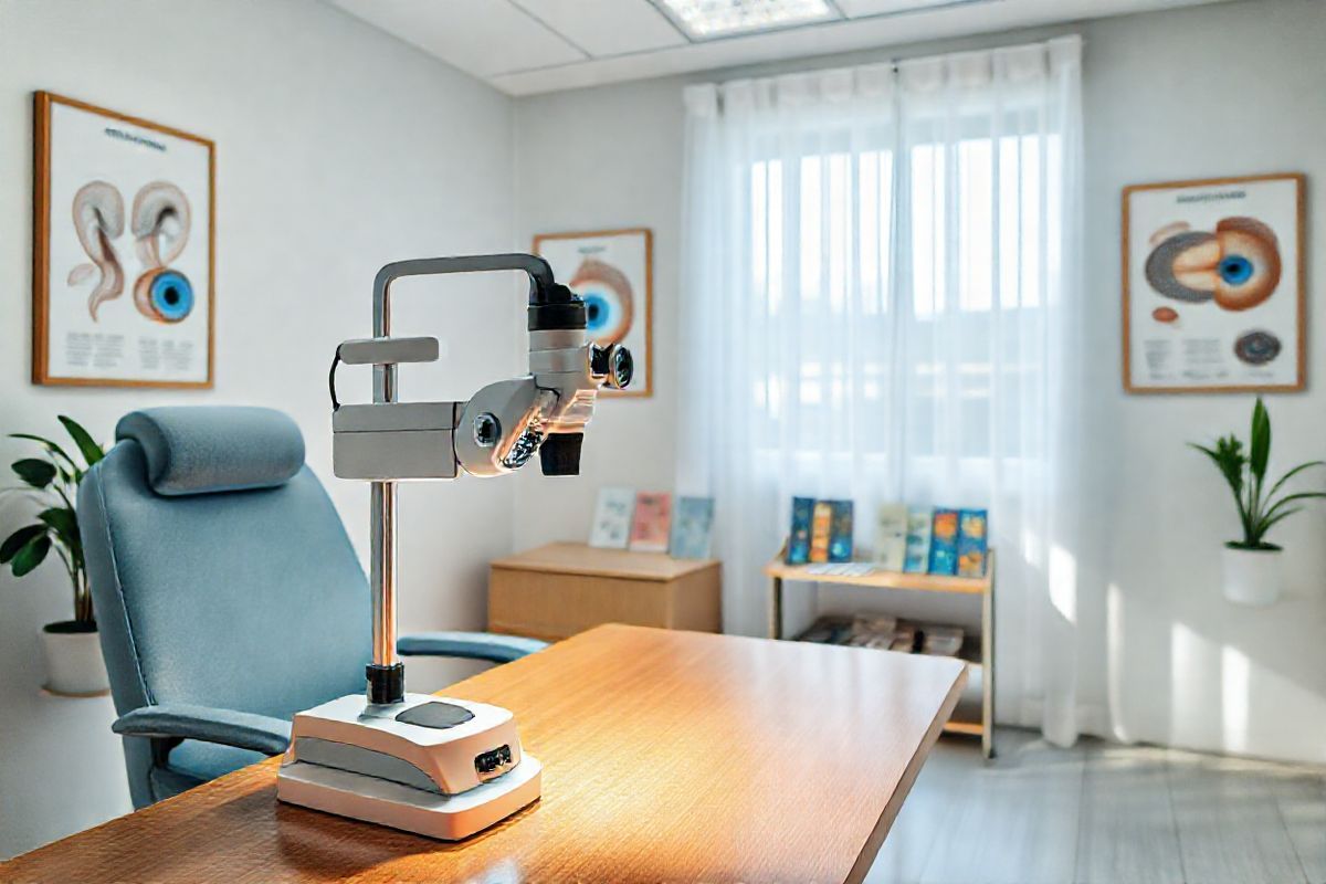 A photorealistic image of a serene ophthalmology clinic, featuring a bright, well-lit examination room. In the foreground, a sleek, modern slit lamp sits on a polished wooden table, its lens glimmering under soft overhead lighting. The background showcases a large window with sheer white curtains, allowing natural light to flood the space, illuminating the subtle hues of the room. On the walls, framed anatomical posters of the eye, including detailed diagrams of cataract formation, add an educational element without being overwhelming. A comfortable examination chair, upholstered in soft blue fabric, is positioned next to the slit lamp, inviting patients to sit. Nearby, a small shelf displays an array of colorful eye care brochures and a potted plant, adding a touch of greenery. The overall atmosphere conveys a sense of professionalism and calm, emphasizing the importance of eye health and the advanced technology used in cataract diagnosis and treatment. The image captures the essence of a caring environment where patients can feel at ease while addressing their vision concerns.