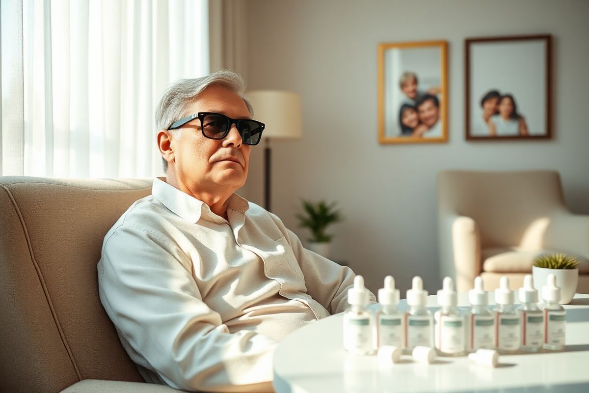 A serene post-operative scene of a patient recovering from cataract surgery is depicted. The focal point is a middle-aged individual seated comfortably in a well-lit room, wearing stylish sunglasses to shield their eyes from bright light. Soft sunlight filters through sheer curtains, casting a gentle glow that enhances the calm atmosphere. On a nearby table, an array of prescribed eye drops is neatly organized, emphasizing the importance of post-surgery care. The background features a cozy armchair and a small potted plant, adding a touch of nature and tranquility to the setting. A framed photograph of a smiling family hangs on the wall, symbolizing the patient’s motivation for recovery. The overall color palette is warm and inviting, with soft whites, gentle greens, and soothing browns, creating a sense of comfort and reassurance, perfectly encapsulating the healing process following cataract surgery.