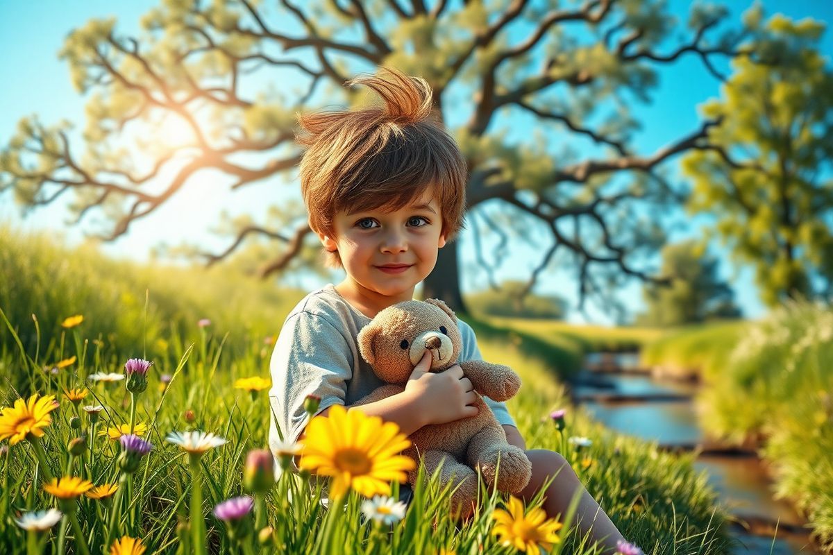 A serene and evocative scene depicting a young boy, around 6 years old, sitting on a soft, grassy meadow under a clear blue sky. The boy has tousled brown hair and bright, inquisitive eyes, exuding a sense of innocence and curiosity. Surrounding him are vibrant wildflowers in various colors—yellow, purple, and white—swaying gently in the breeze. In the background, a warm, golden sunlight filters through the leaves of a tall oak tree, casting dappled shadows on the ground. The boy is holding a small, worn teddy bear close to his chest, symbolizing comfort and childhood. Nearby, a gentle stream flows, reflecting the sunlight and adding a sense of tranquility to the environment. The overall atmosphere conveys a feeling of peace and hope amidst the challenges of life, encapsulating the essence of childhood while subtly hinting at the complexities of health and well-being. This photorealistic image beautifully captures the spirit of resilience and the importance of family support, making it a poignant visual representation of the themes discussed in the text.