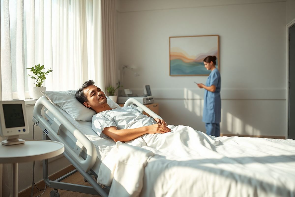 A serene hospital room bathed in soft, natural light filtering through sheer curtains. In the foreground, a patient reclines in a comfortable, adjustable hospital bed, looking contemplative and calm. Their expression reflects a sense of resilience amidst treatment. A digital thermometer rests on a bedside table, indicating vigilance in monitoring health. On the wall, an abstract artwork featuring soft, gentle colors symbolizes hope and healing.   In the background, a nurse is seen checking medical equipment, ensuring everything is in order, while a small potted plant on the windowsill adds a touch of life to the sterile environment. The room is adorned with minimalistic decor—neutral tones and clean lines—creating a peaceful atmosphere conducive to recovery. A faint reflection of sunlight dances across the polished floor, enhancing the overall warmth of the scene. This image captures the essence of care, safety, and the human spirit’s strength during moments of vulnerability, aligning perfectly with the themes of chemotherapy, neutropenia, and the importance of monitoring one’s health.