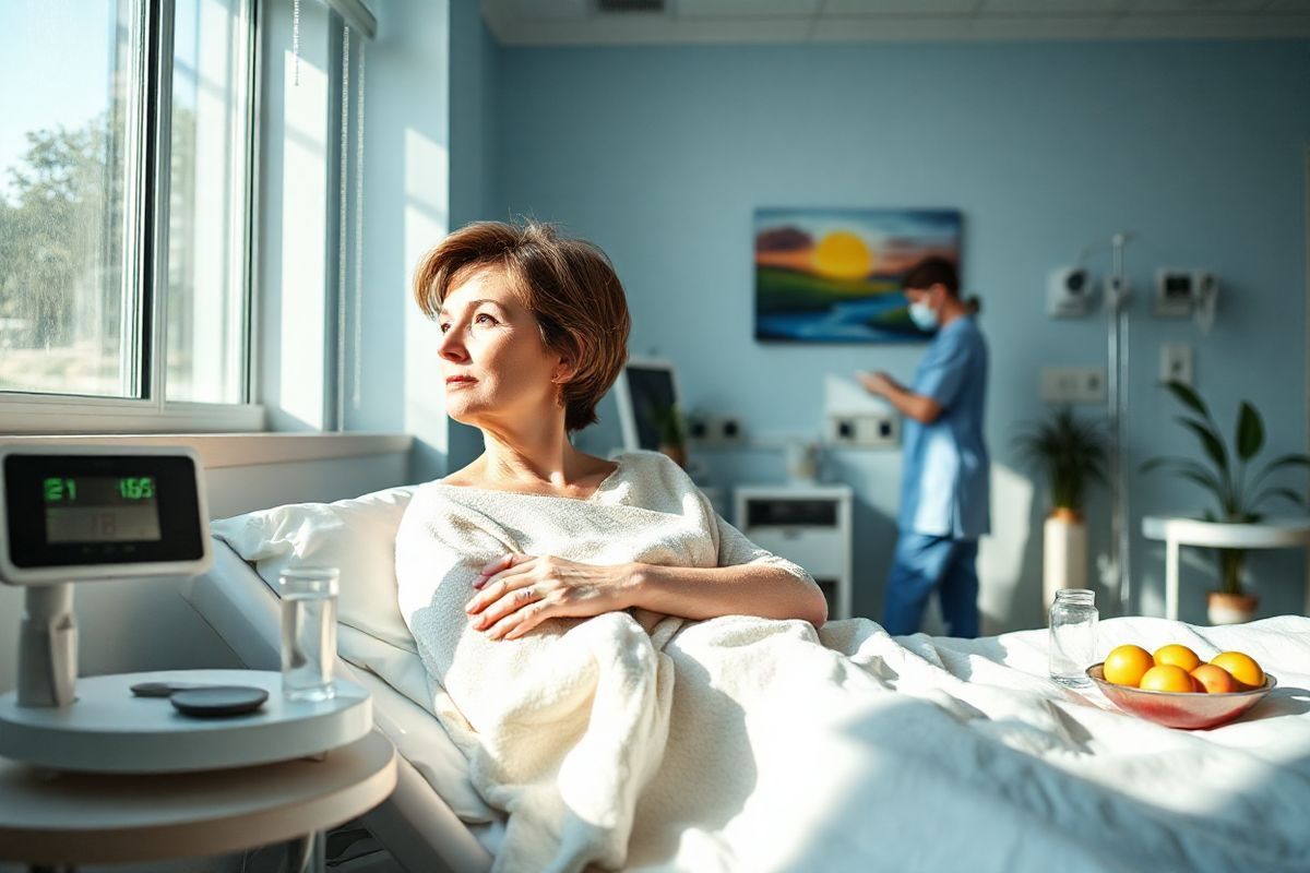 A serene hospital room bathed in soft, natural light streaming through a large window, casting delicate shadows on the pale blue walls. In the foreground, a patient, a middle-aged woman with short hair and a gentle expression, is reclining in a hospital bed, wrapped in a cozy blanket. She gazes thoughtfully out the window, her face reflecting a mix of hope and concern. Beside her, a small table holds a digital thermometer displaying a reading, a glass of water, and a bowl of fresh fruit, symbolizing care and nourishment. On the wall, a colorful painting of a peaceful landscape adds warmth to the sterile environment. In the background, a nurse quietly checks medical equipment, ensuring everything is in order. The room is adorned with a few potted plants, bringing a touch of nature and life to the clinical space. This composition captures the delicate balance between vulnerability and strength, encapsulating the emotional journey of patients undergoing chemotherapy, with an atmosphere of tranquility and support.